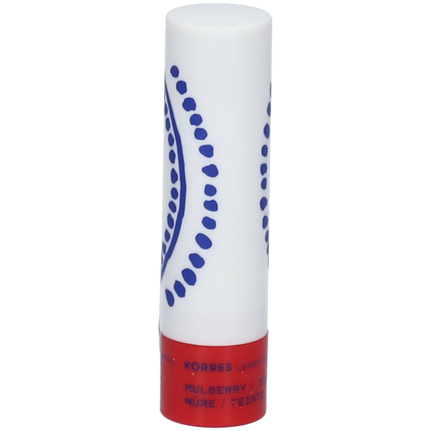 Lipverzorgingsstift. Witte cilinder met blauw patroon, rode basis. Opschrift: KORRES, MULBERRY.