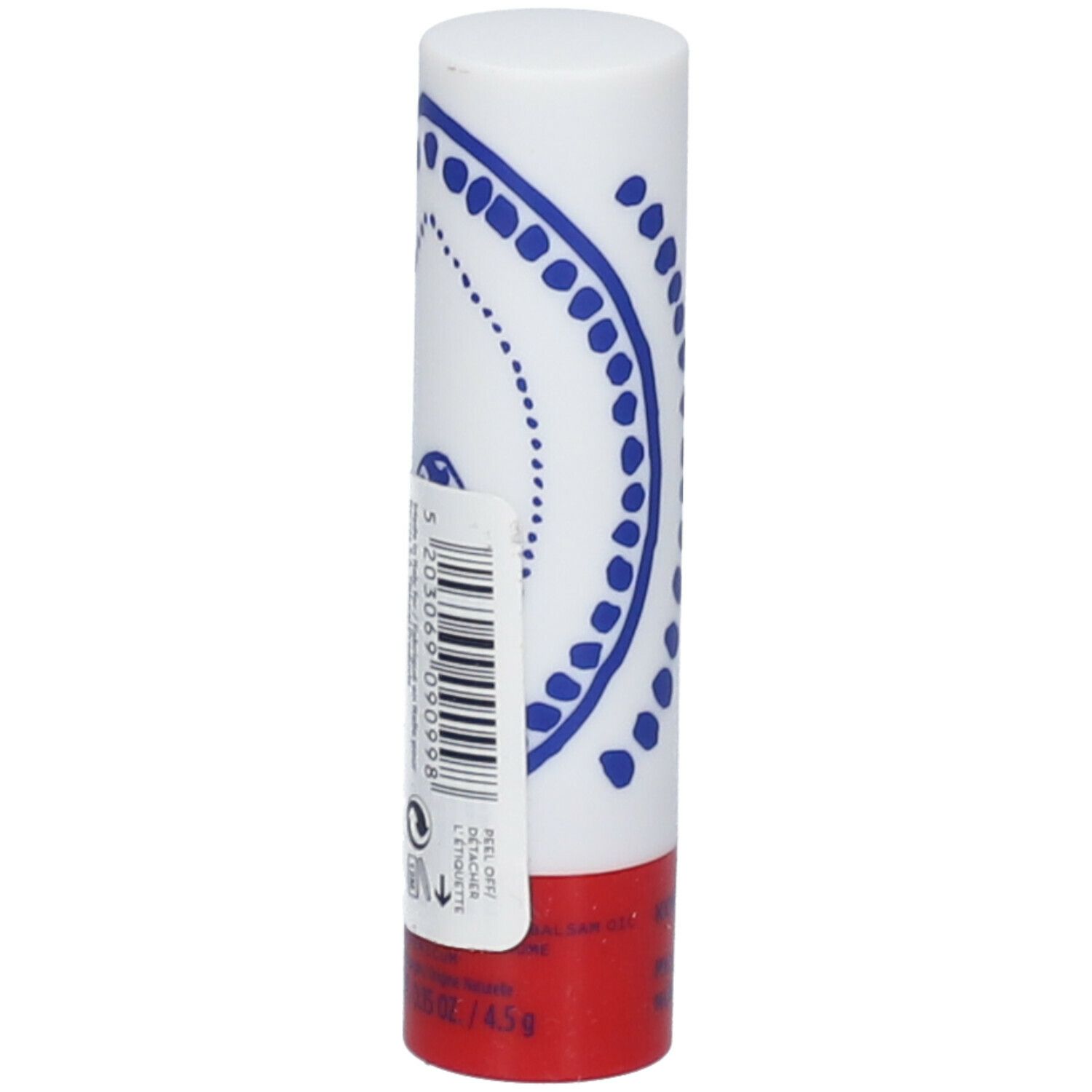Lipverzorgingsstift. Witte cilinder met blauw patroon, rode basis. Barcode-etiket. Opschrift: 4.5g.
