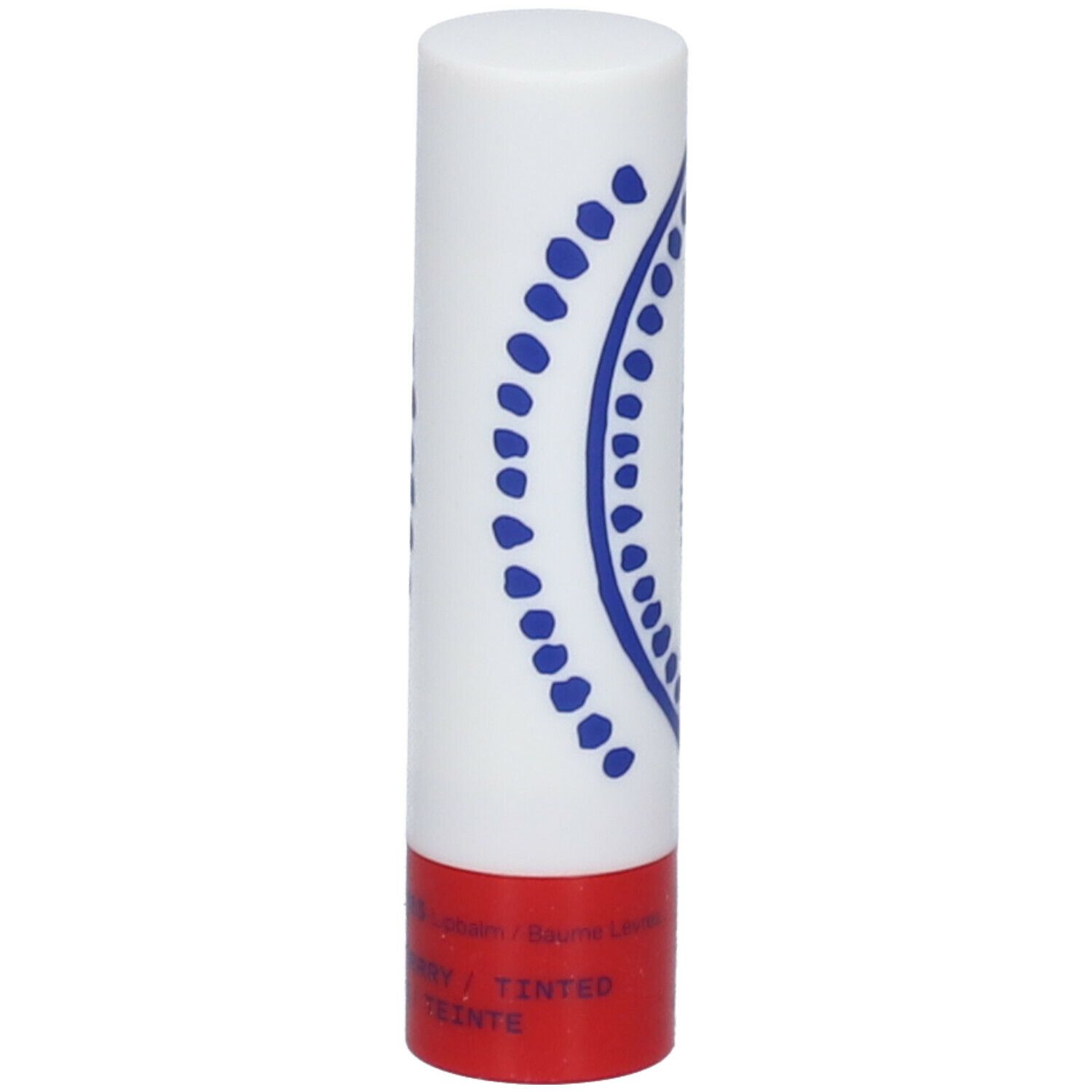Lipverzorgingsstift. Witte cilinder met blauw patroon, rode basis. Opschrift: TINTED.