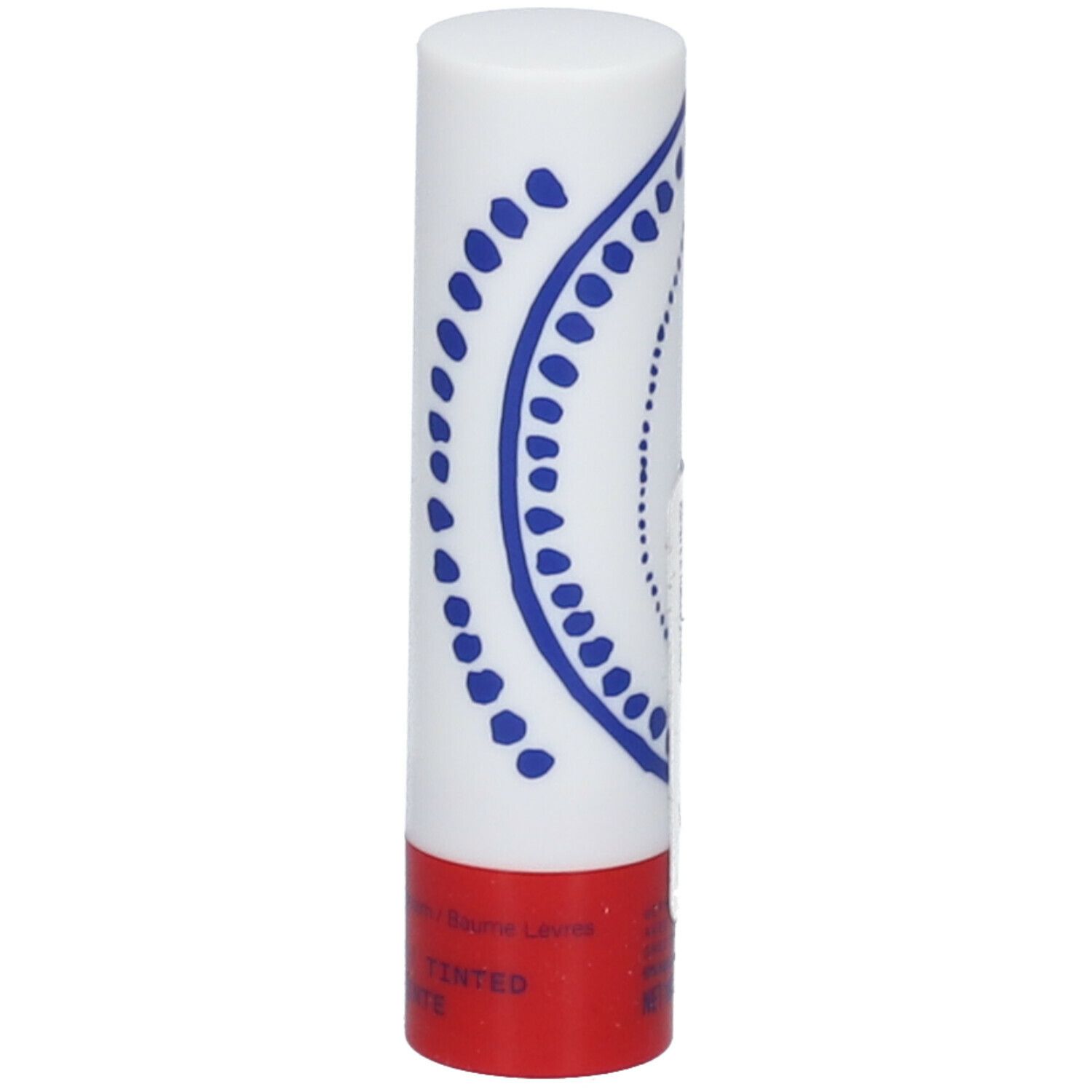 Lipverzorgingsstift. Witte cilinder met blauw patroon, rode basis. Opschrift: TINTED.