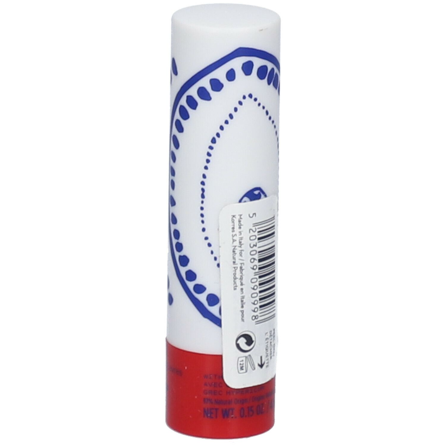 Lipverzorgingsstift. Witte cilinder met blauw patroon, rode basis. Barcode-etiket. Opschrift: 0.25 oz.