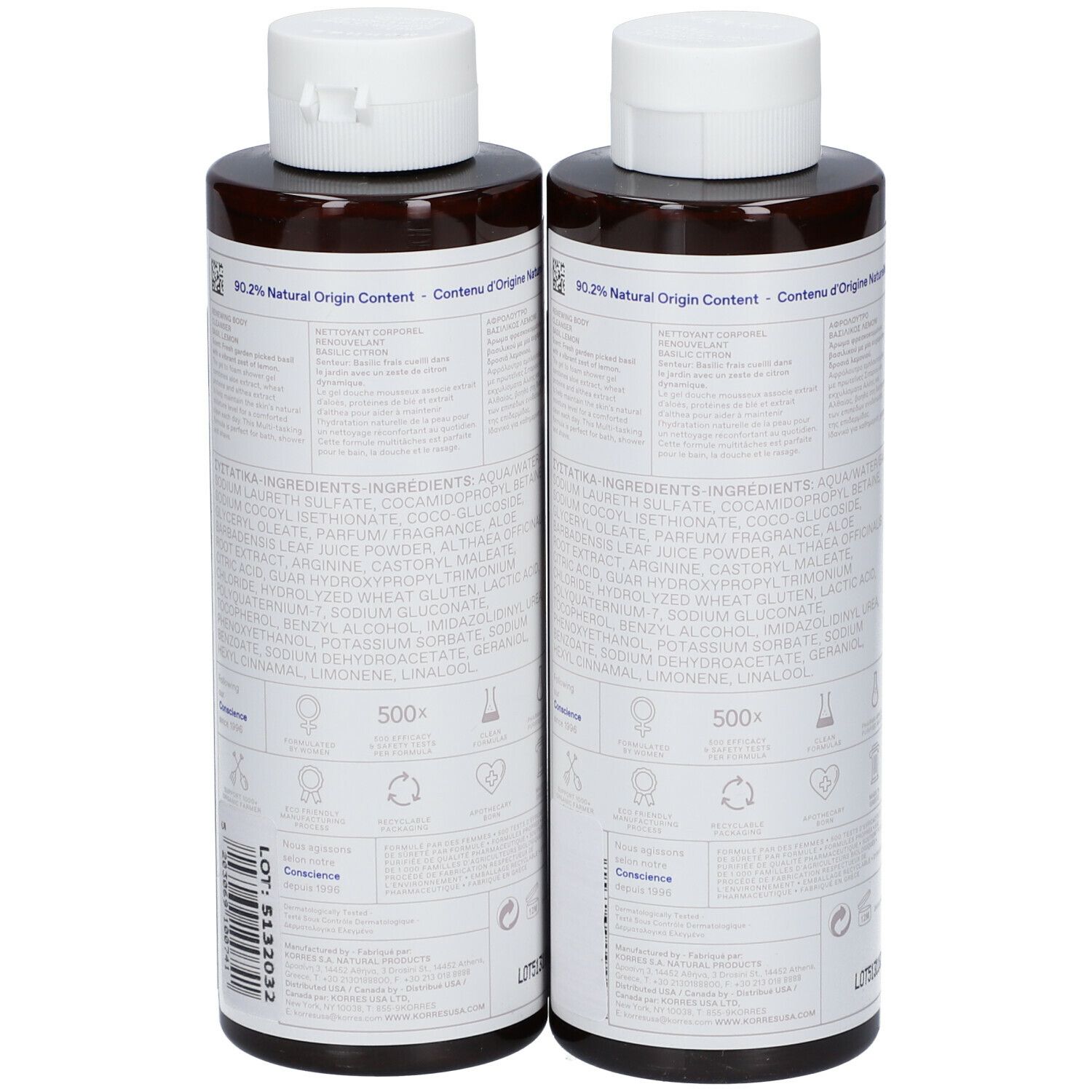 Twee flessen KORRES® Renewing Body Cleanser. Achteraanzicht met etiketten. Opschrift: Ingrediënten, 90,2% natuurlijke oorsprong.