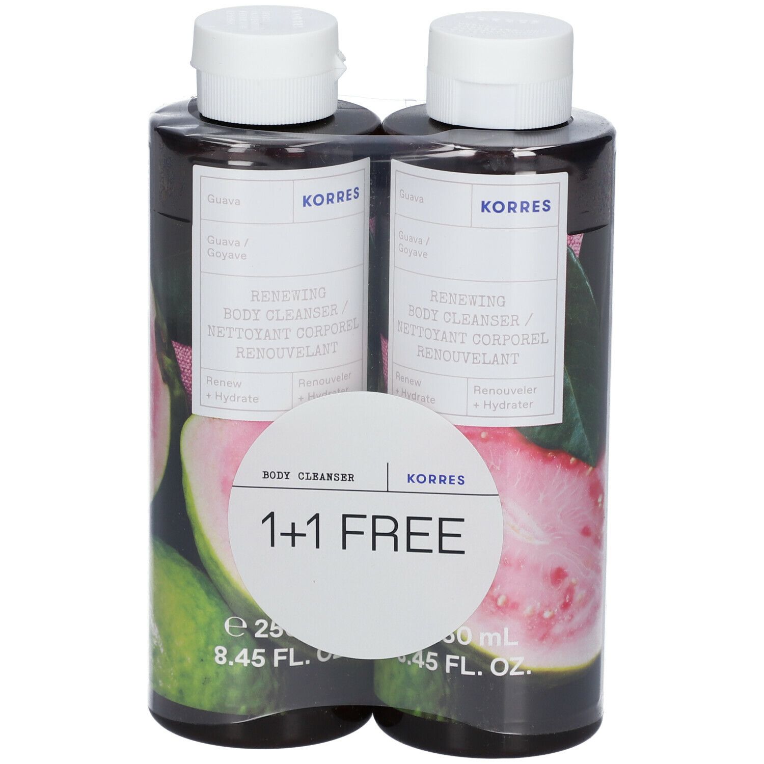 Twee KORRES Body Cleanser flessen, guave, verpakt. Sticker met "1+1 GRATIS".