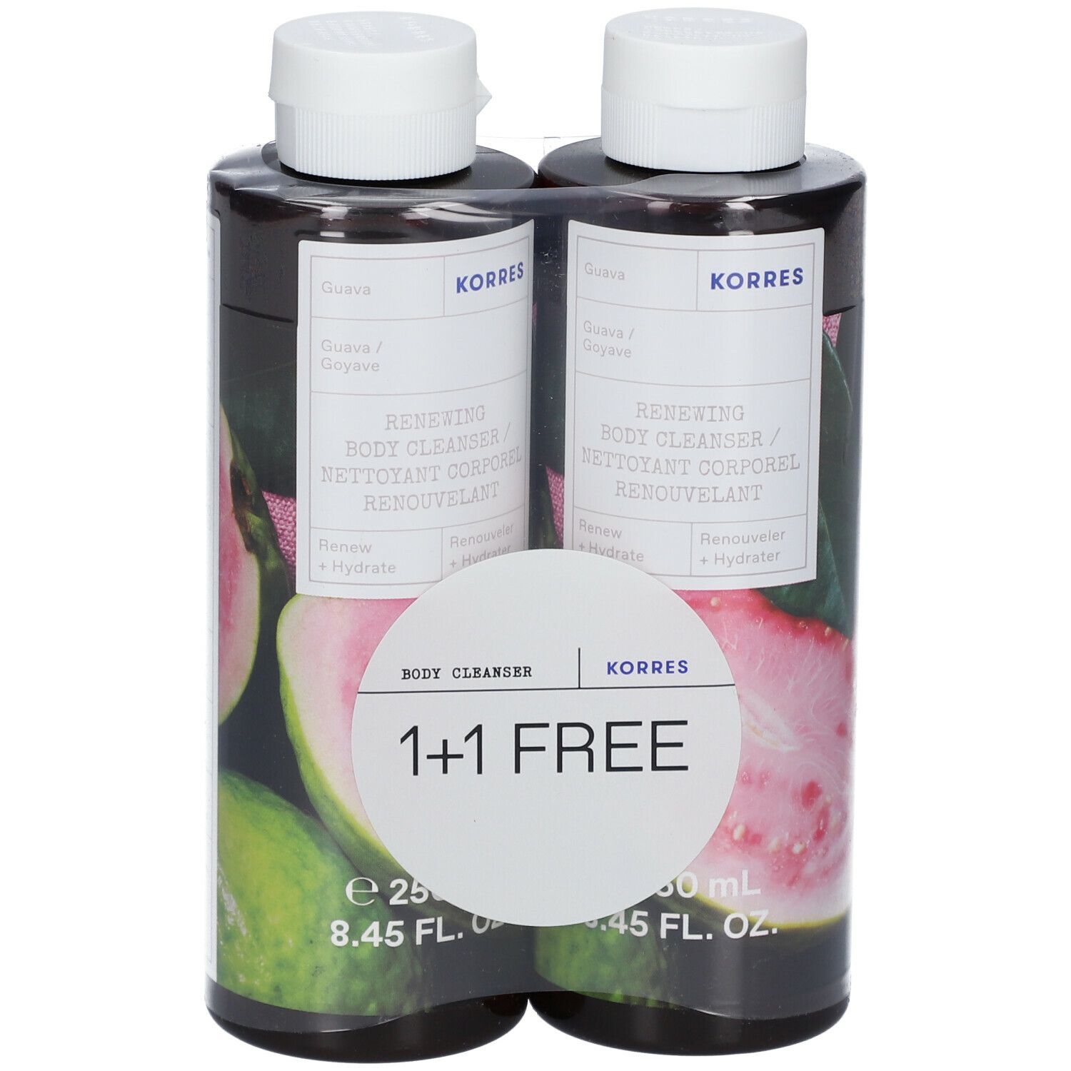 Twee KORRES Body Cleanser flessen, guave, verpakt. Sticker met "1+1 GRATIS".