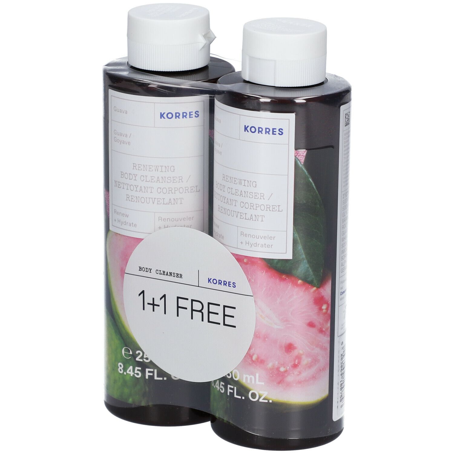 Twee KORRES Body Cleanser flessen, guave, verpakt. Sticker met "1+1 GRATIS".
