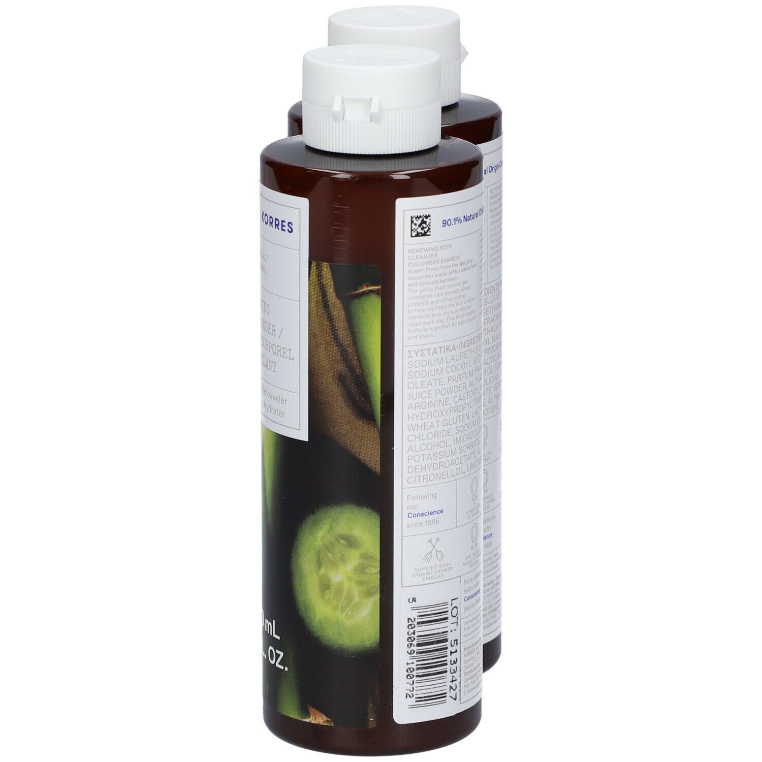 Twee flessen body cleanser, zijaanzicht. Opschrift: KORRES, Komkommer & Bamboe, Renewing Body Cleanser. Achterkant met ingrediënten.