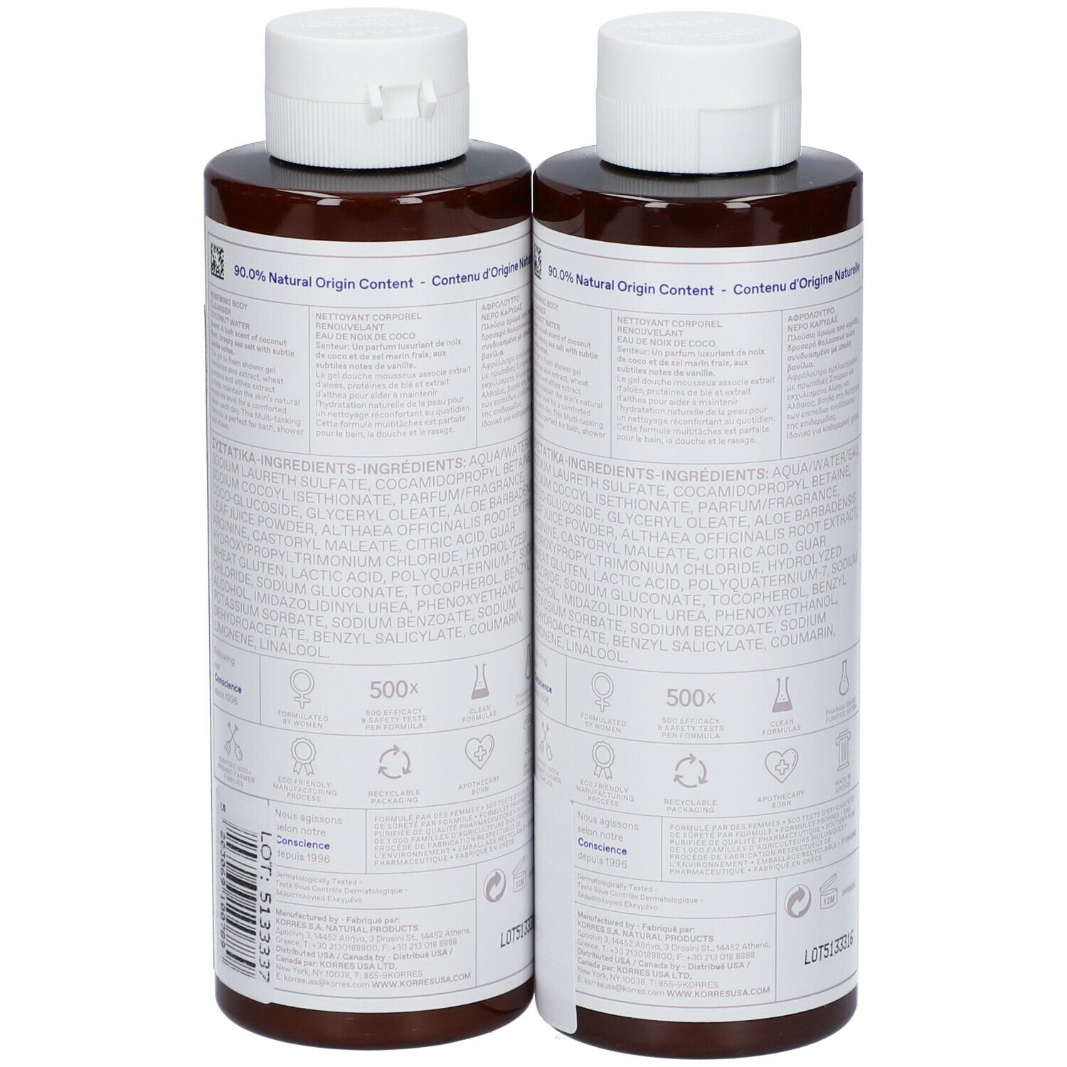 Twee flessen KORRES Renewing Body Cleanser. Achteraanzicht met tekst over ingrediënten en certificeringen.