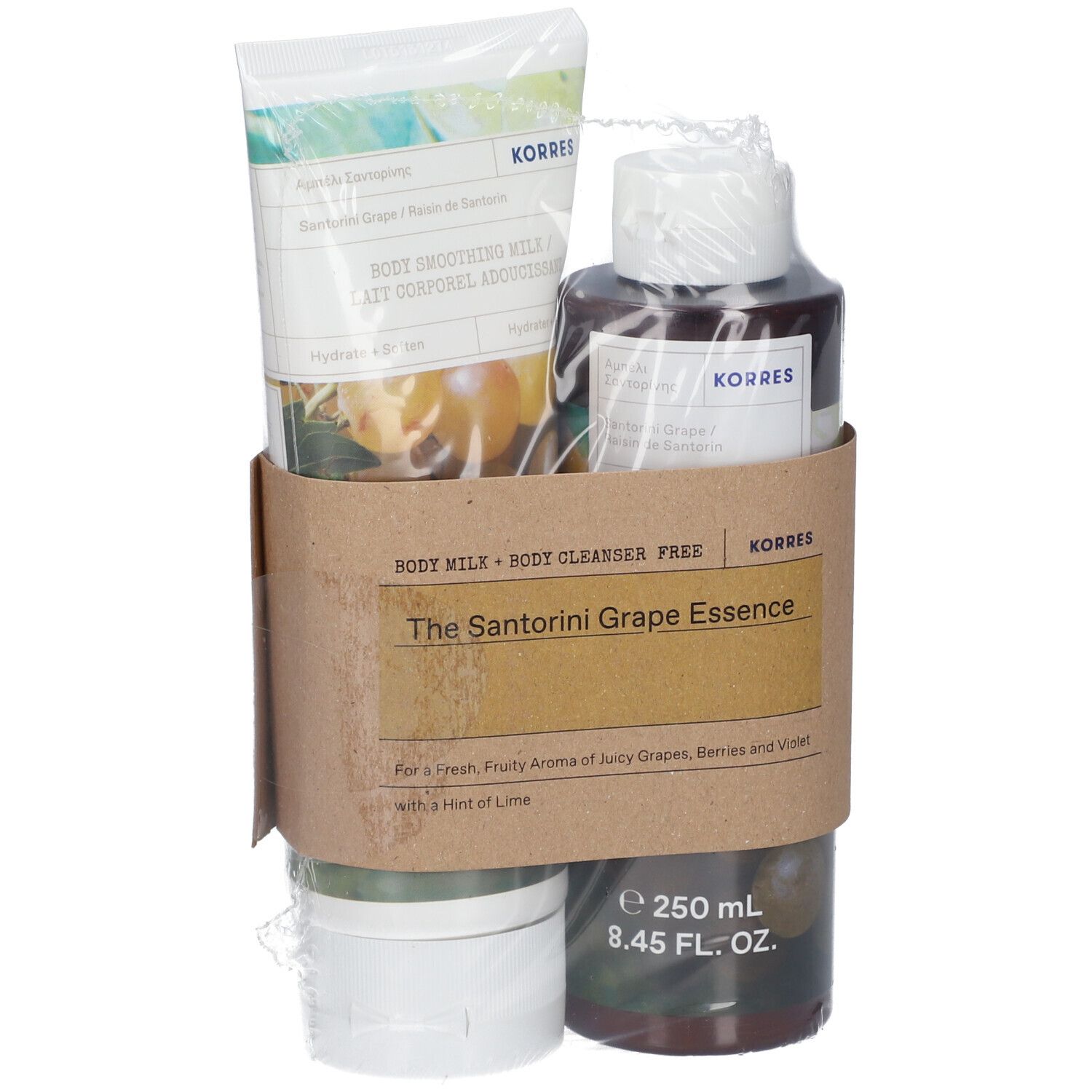 Cadeauset met bodylotion, douchegel en crème. KORRES-logo en productnamen zichtbaar op de verpakkingen.