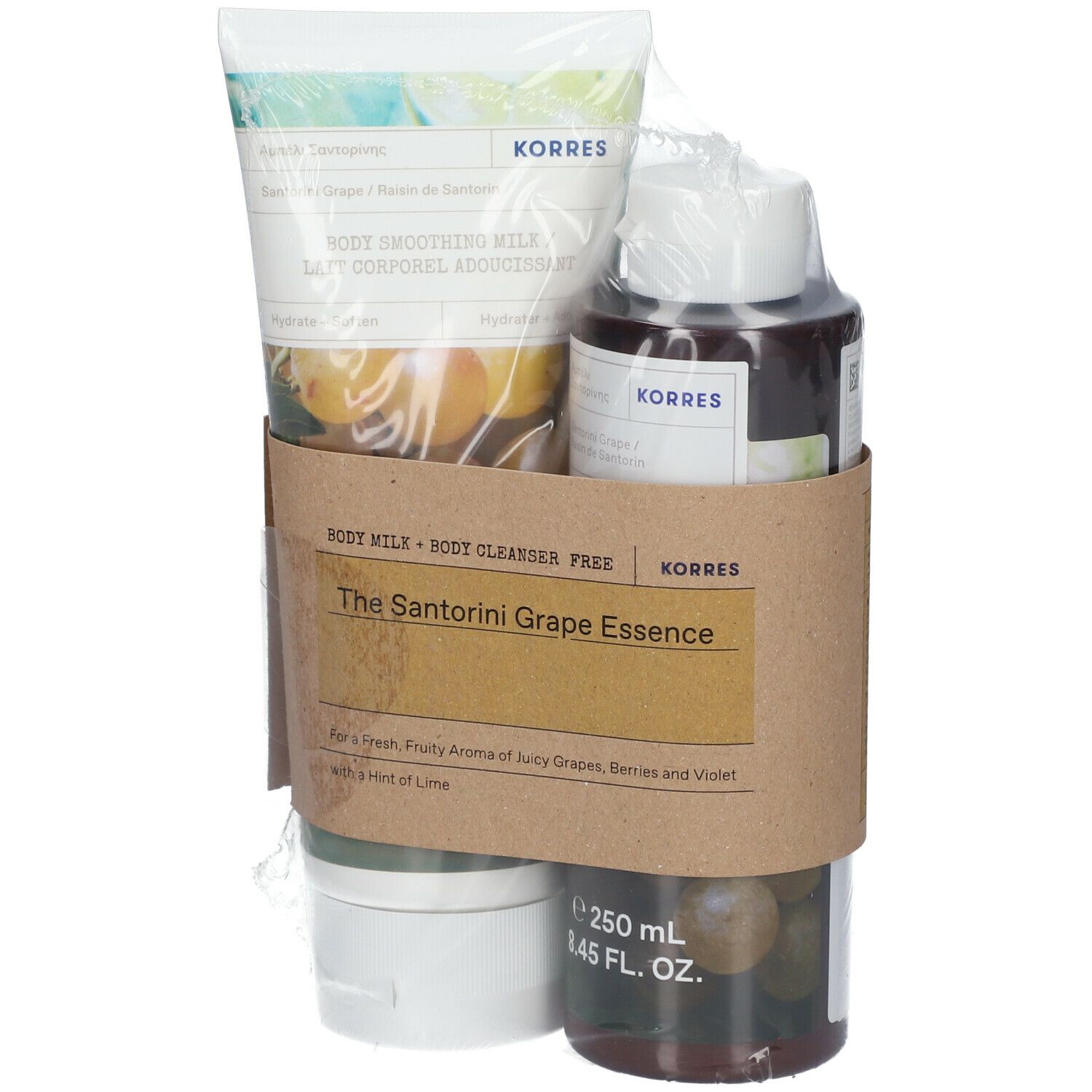 Cadeauset met bodylotion, douchegel en crème. KORRES-logo en productnamen zichtbaar op de verpakkingen.