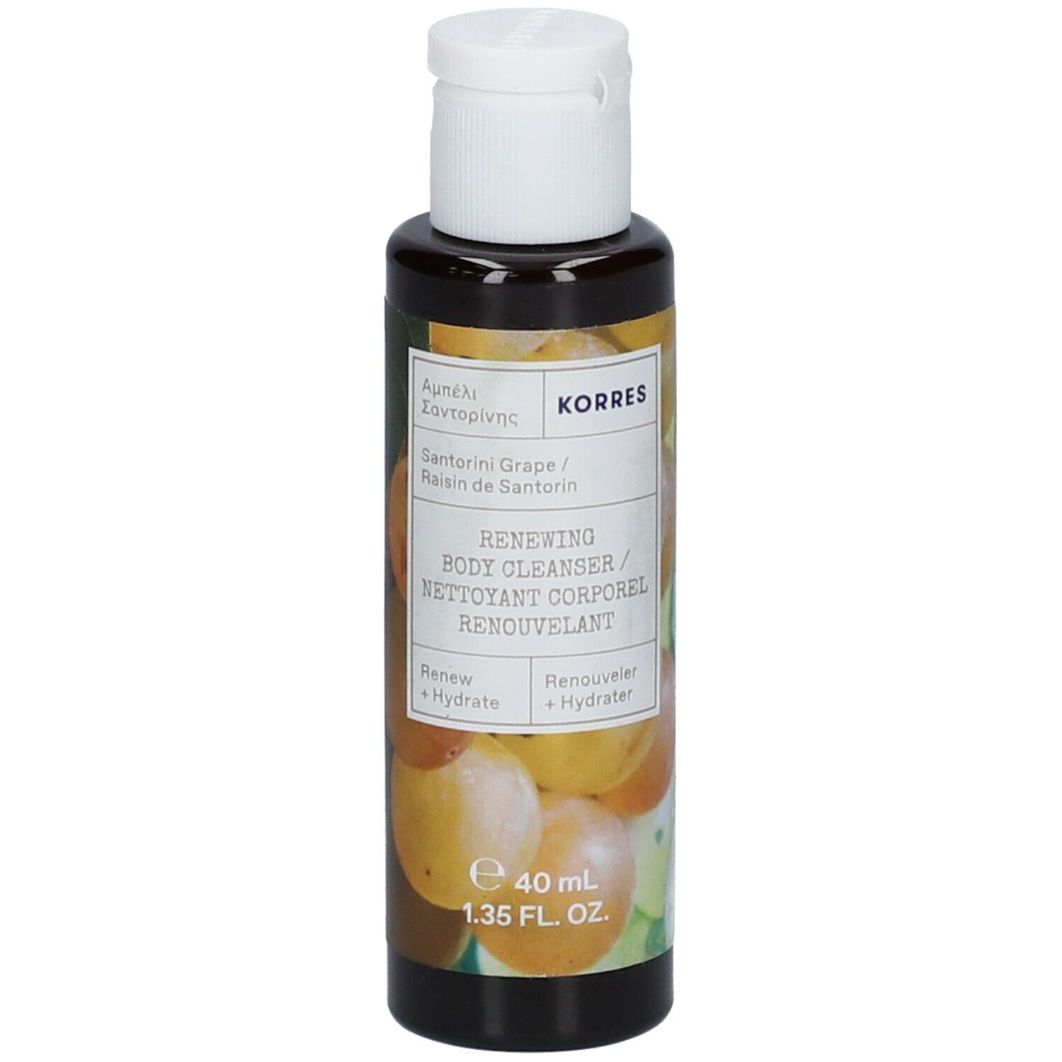 KORRES douchegel. Fles met witte dop. Etiket met productnaam en druivenillustratie. Volume: 40 ml.