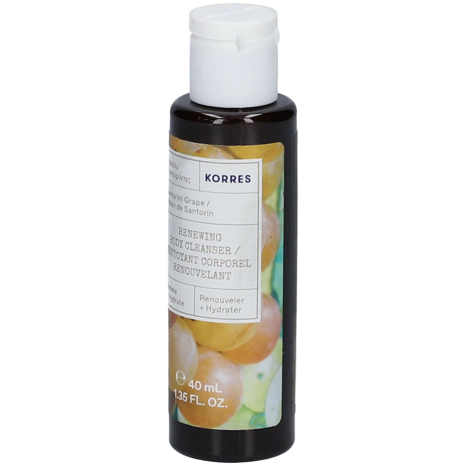 KORRES douchegel. Fles met witte dop. Etiket met productnaam en druivenillustratie. Volume: 40 ml.