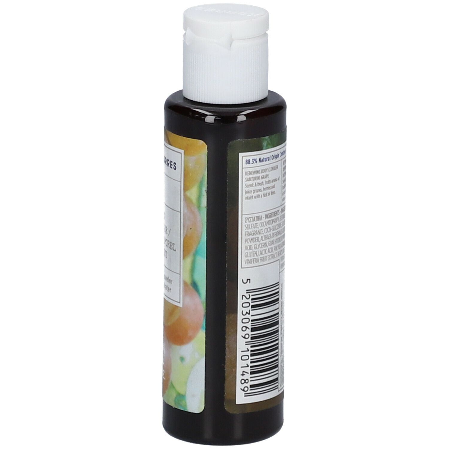 KORRES douchegelfles. Achteraanzicht. Etiket met productinformatie en barcode. Witte dop.