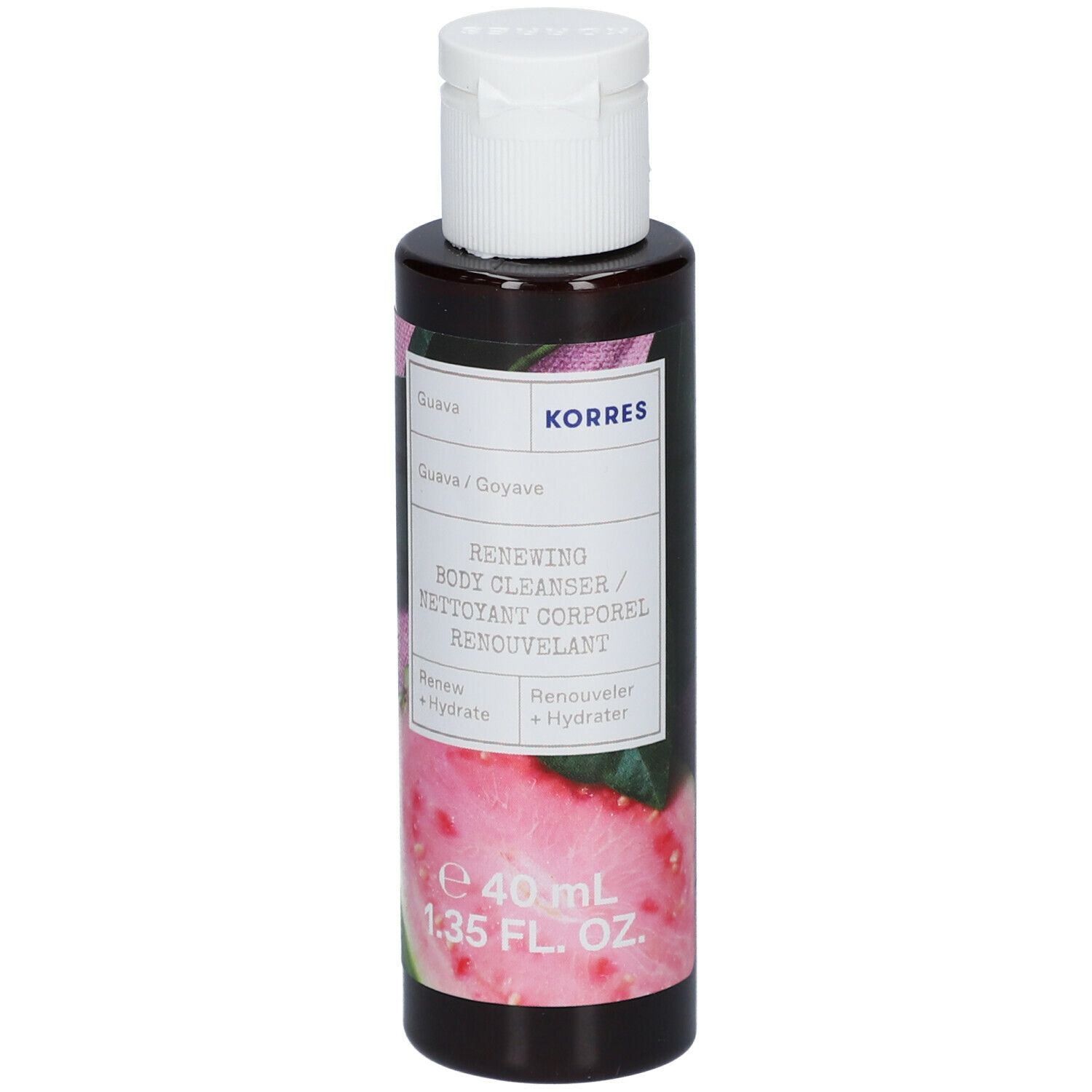 KORRES® Guava Douchegel, fles met witte dop. Opschrift: Renewing Body Cleanser. Guava-afbeelding.