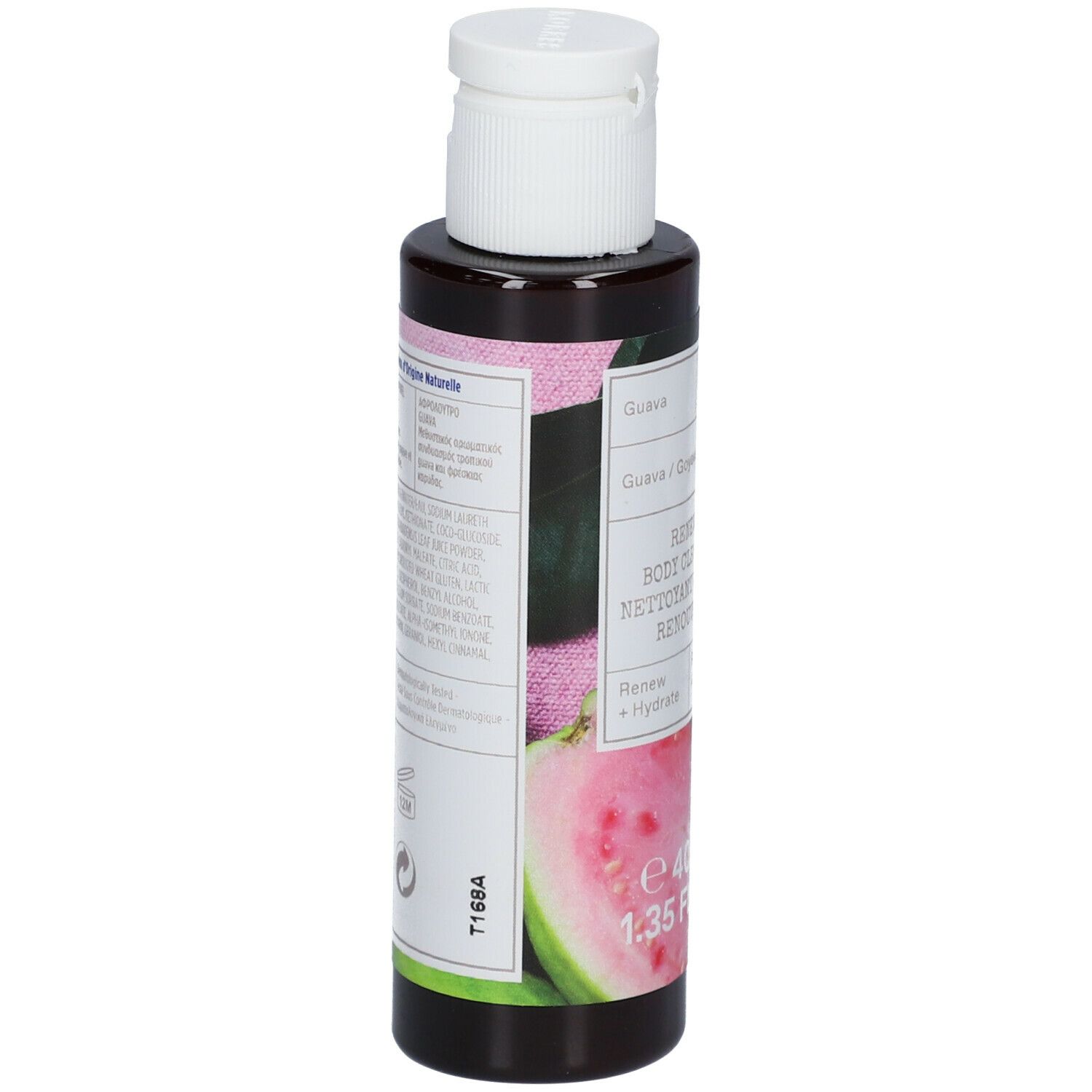 KORRES® Guava Douchegel, fles met witte dop. Achterkant met ingrediënten en tekst. Guava-afbeelding.