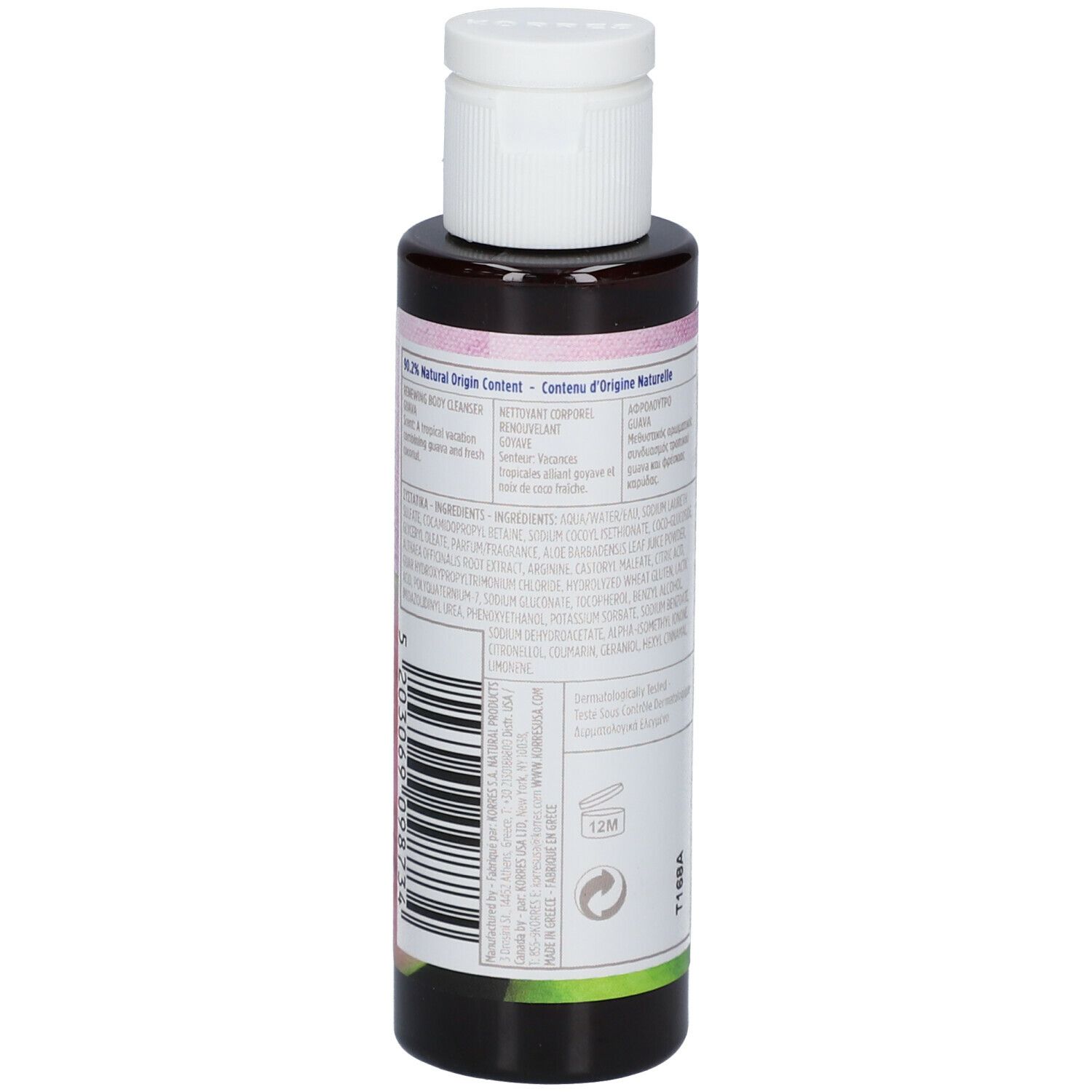 KORRES® Guava Douchegel, fles met witte dop. Achterkant met ingrediënten en tekst. Detailweergave.