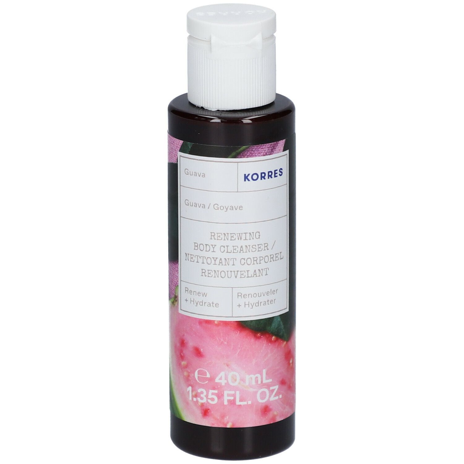 KORRES® Guava Douchegel, fles met witte dop. Opschrift: Renewing Body Cleanser. Guava-afbeelding.