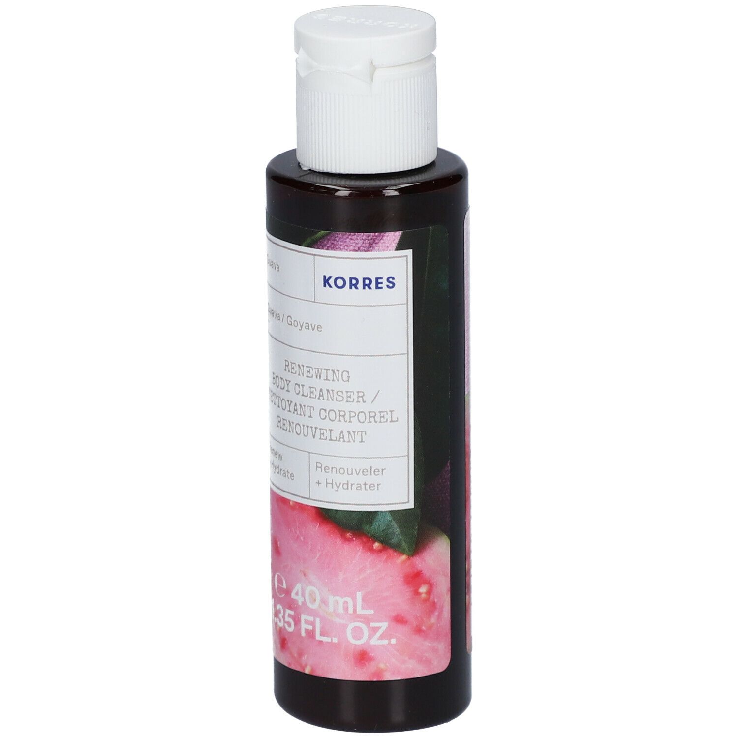 KORRES® Guava Douchegel, fles met witte dop. Opschrift: Renewing Body Cleanser. Guava-afbeelding.