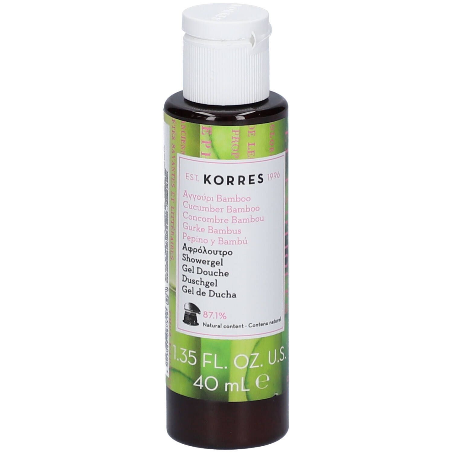 Gel douche KORRES. Flacon avec bouchon blanc. Étiquette avec nom du produit et ingrédients. 40 ml.