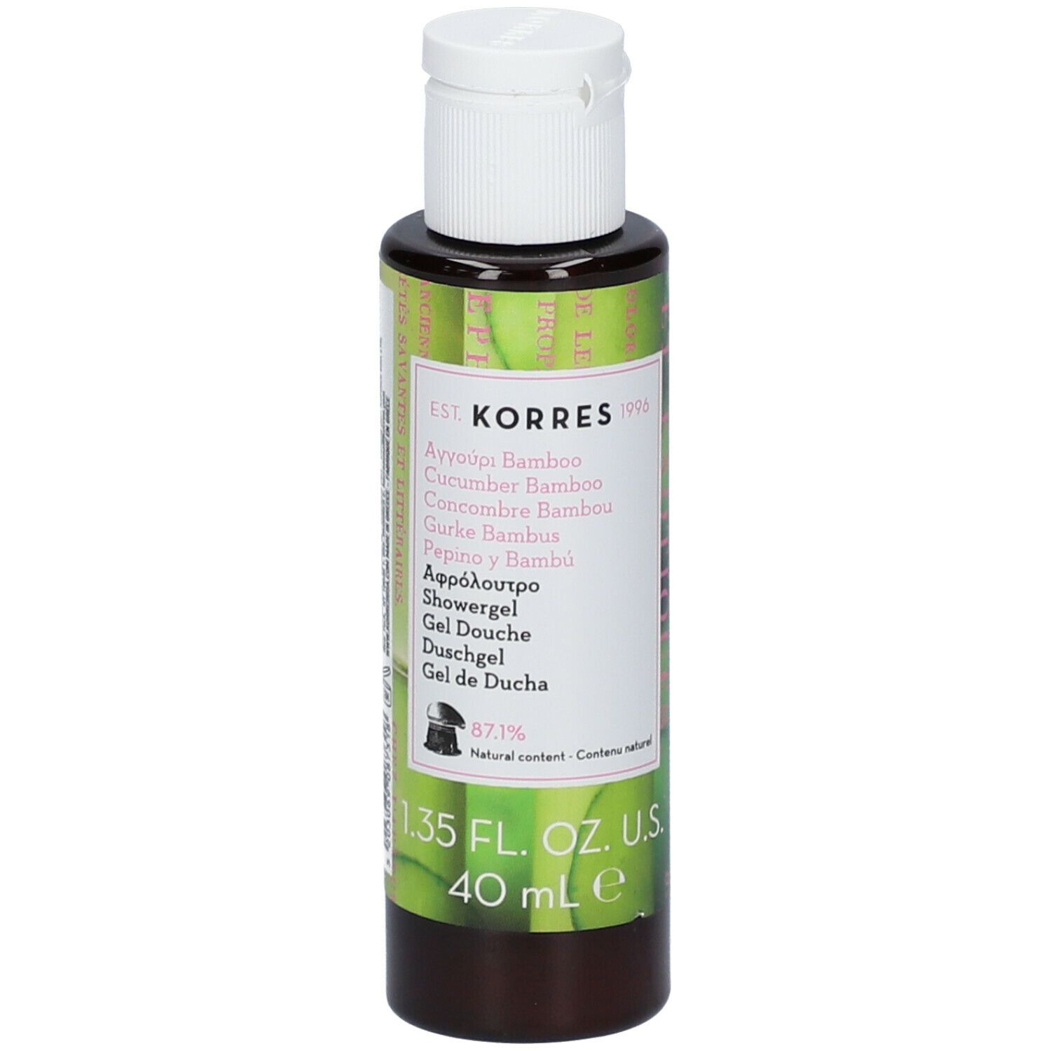 Gel douche KORRES. Dos du flacon. Étiquette avec ingrédients, code-barres et informations fabricant. 40 ml.