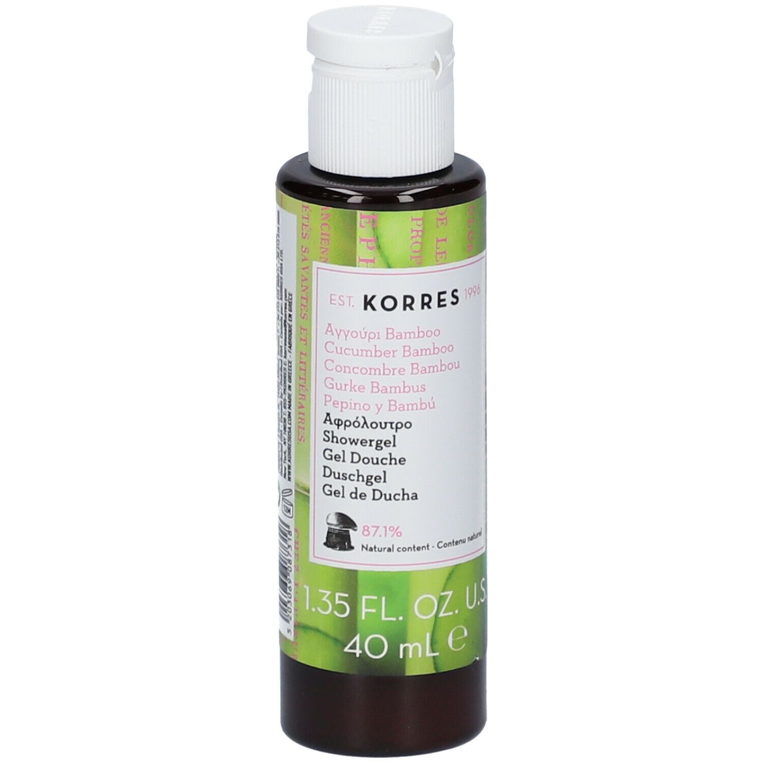 Gel douche KORRES. Flacon avec bouchon blanc. Étiquette avec nom du produit et ingrédients. 40 ml.