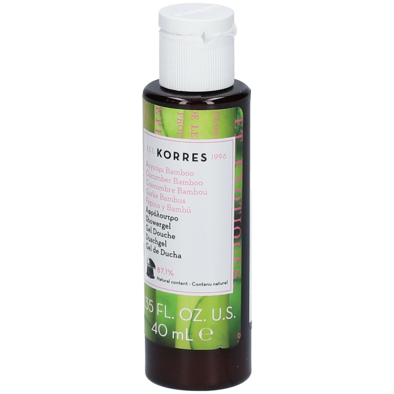 Gel douche KORRES. Flacon avec bouchon blanc. Étiquette avec nom du produit et ingrédients. 40 ml.