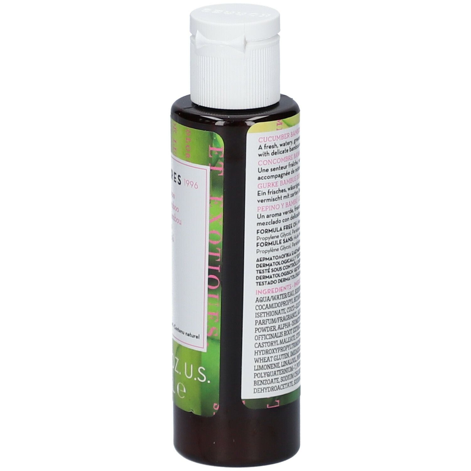 Gel douche KORRES. Dos du flacon. Étiquette avec ingrédients et texte. 40 ml.