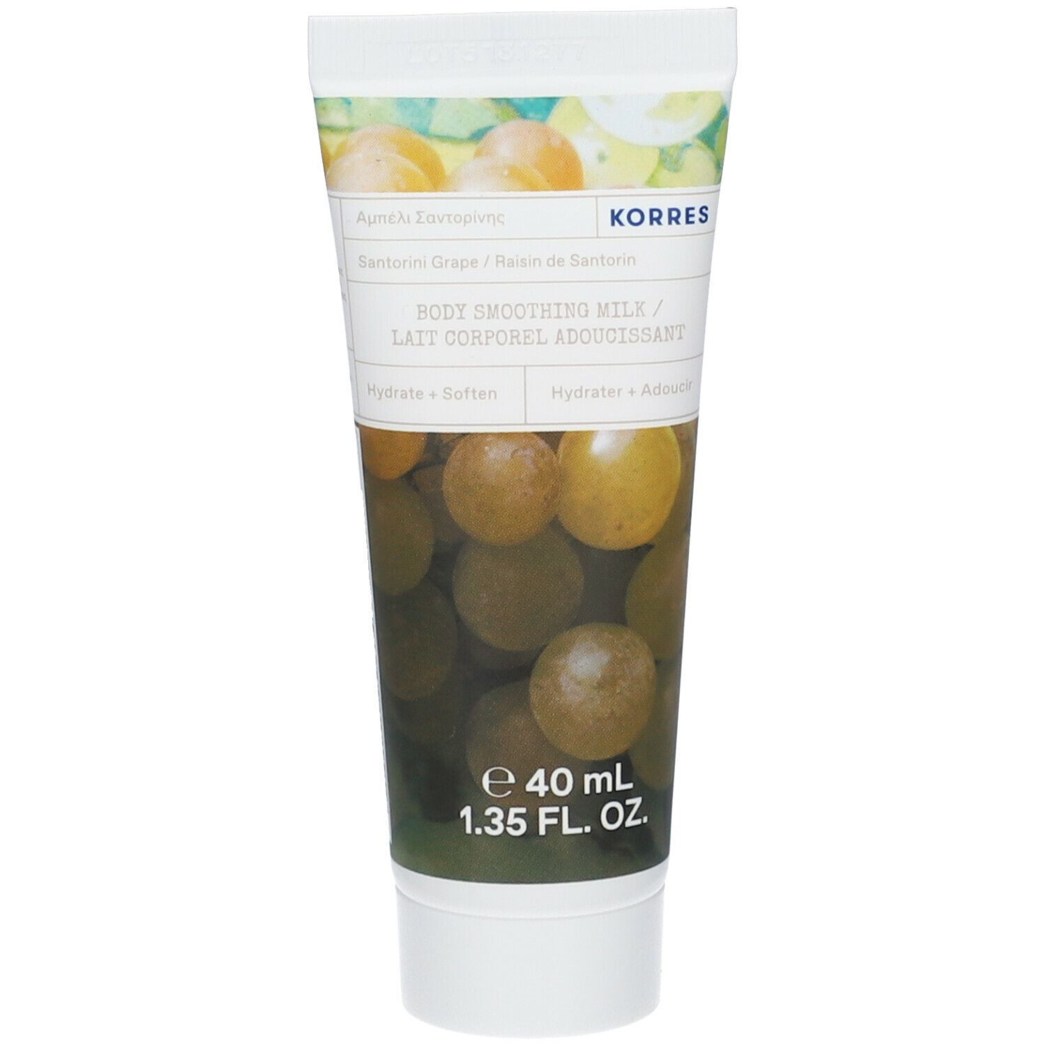 Tube de lait corporel KORRES. Inscription : Santorini Grapes, Body Smoothing Milk. Contenance : 40 ml.