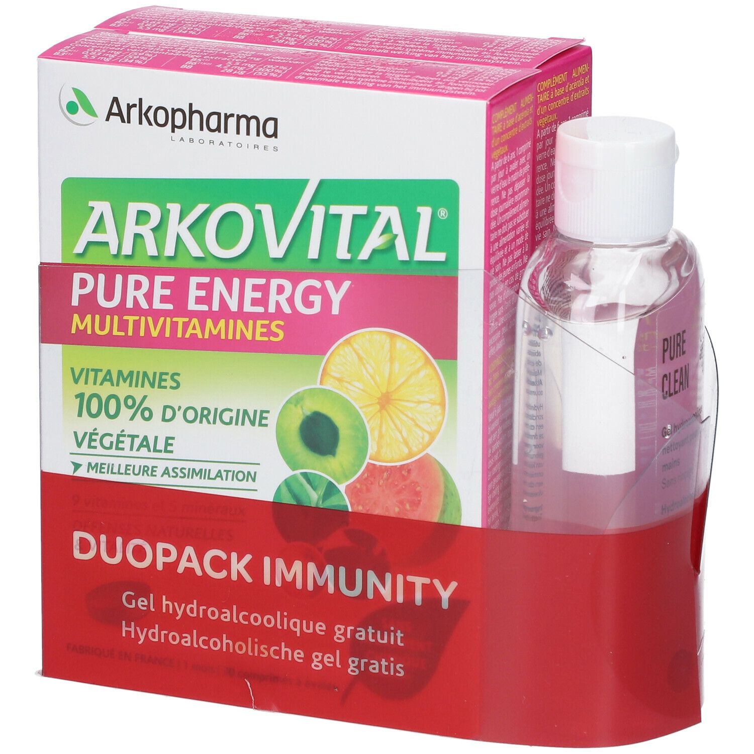 Arkovital Pure Energy Multivitamine-pack. Bevat een fles en een doos met productinformatie. Opschrift: Duopack Immunity.