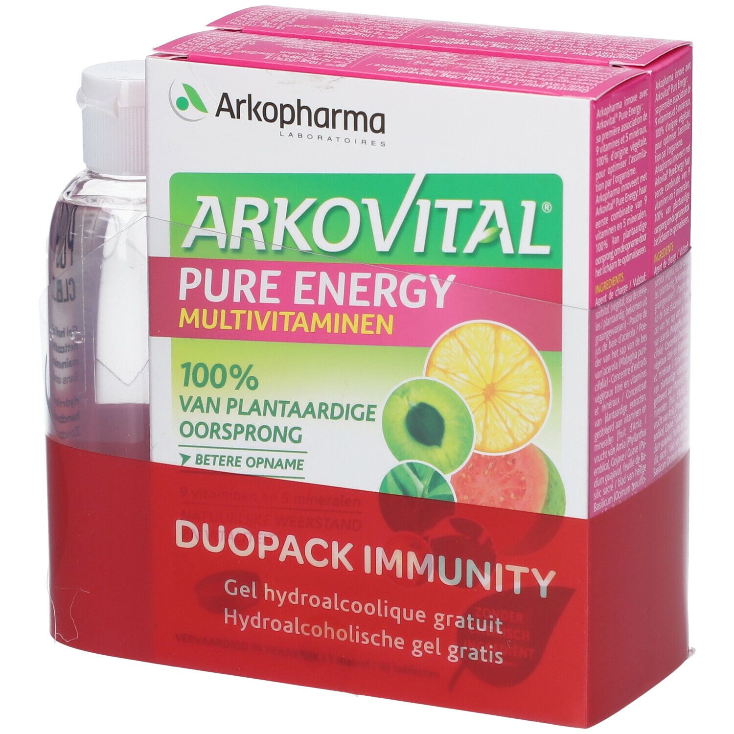 Arkovital Pure Energy Multivitamine-pack. Bevat een fles en een doos met productinformatie. Opschrift: Duopack Immunity.