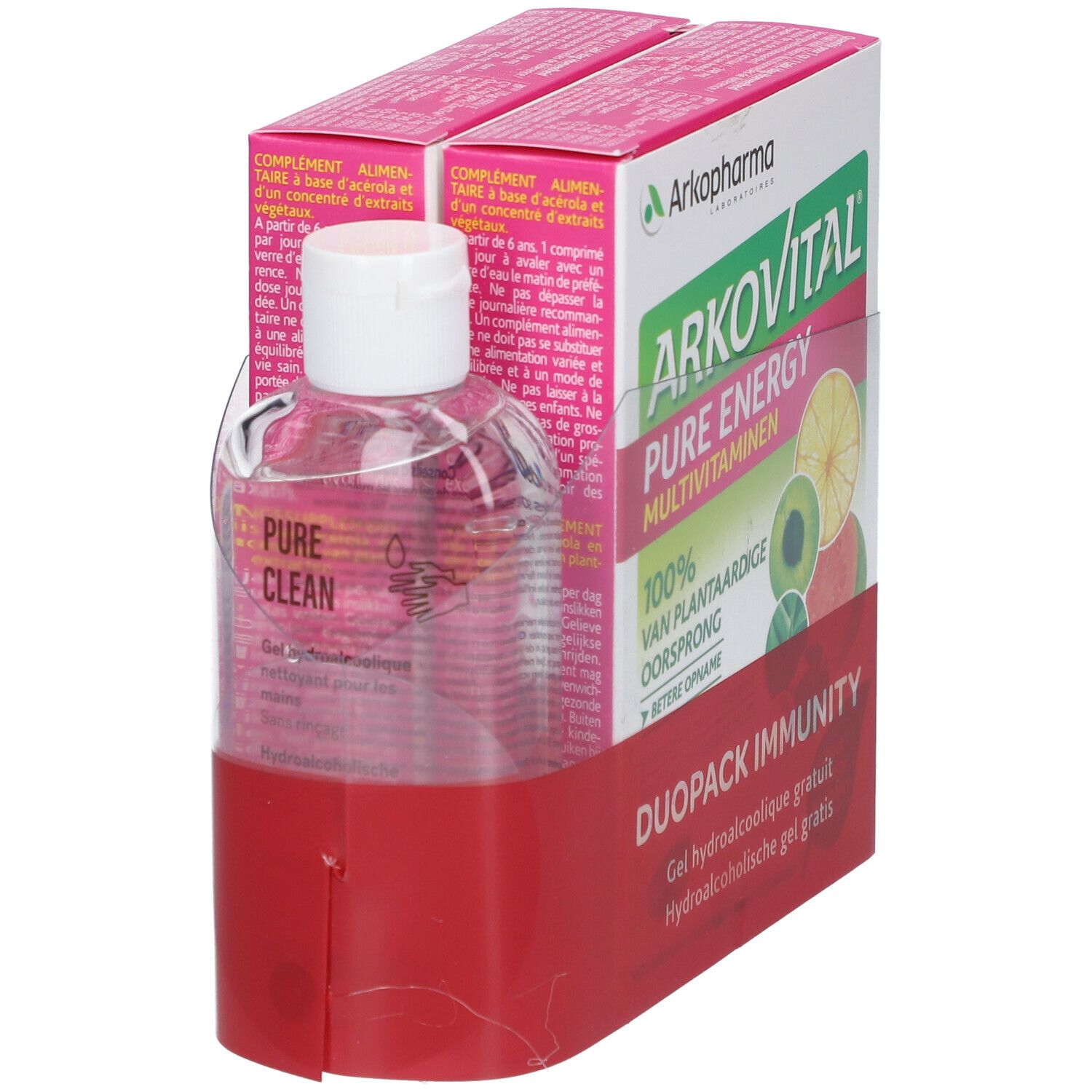 Arkovital Pure Energy Multivitamine-pack. Bevat een fles en twee dozen met productinformatie. Opschrift: Duopack Immunity.