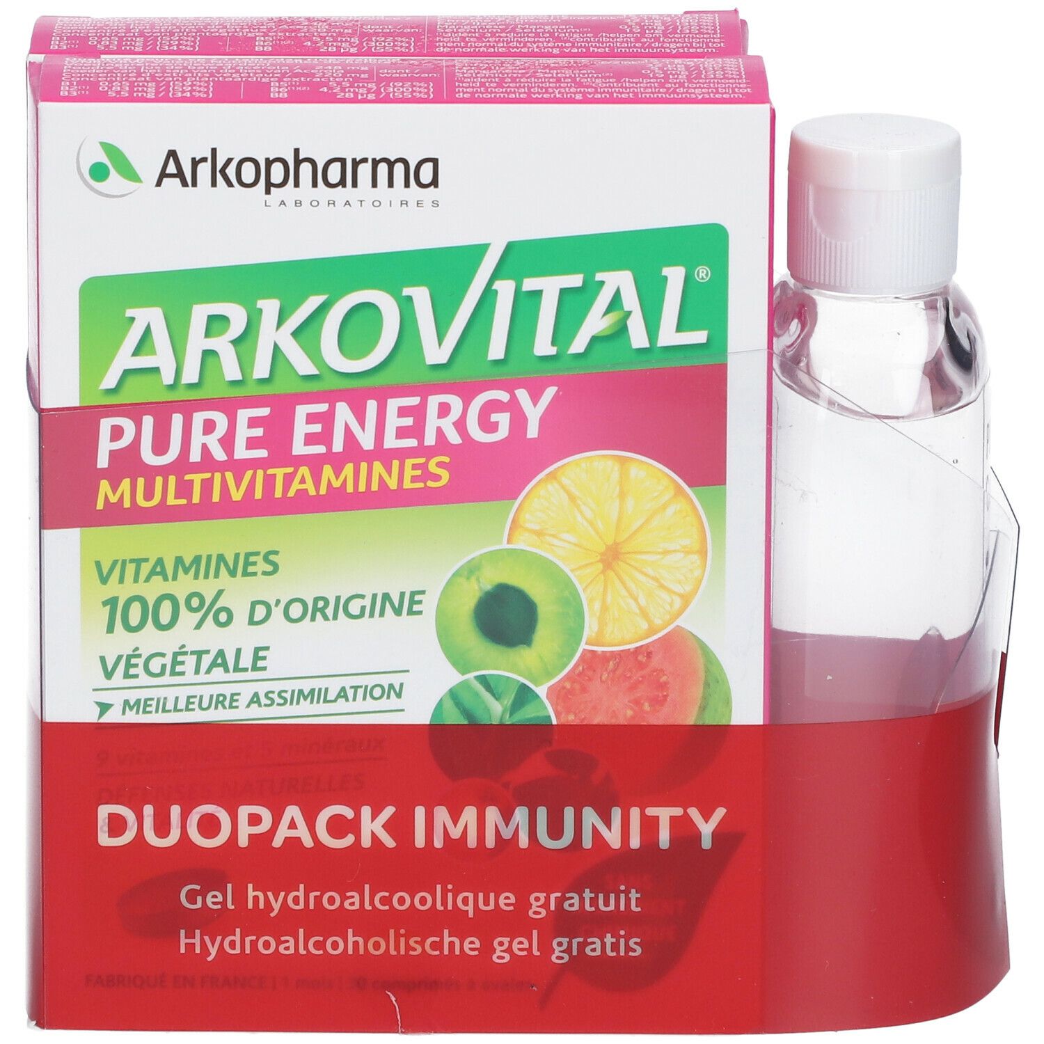 Arkovital Pure Energy Multivitamine-pack. Bevat een fles en een doos met productinformatie. Opschrift: Duopack Immunity.