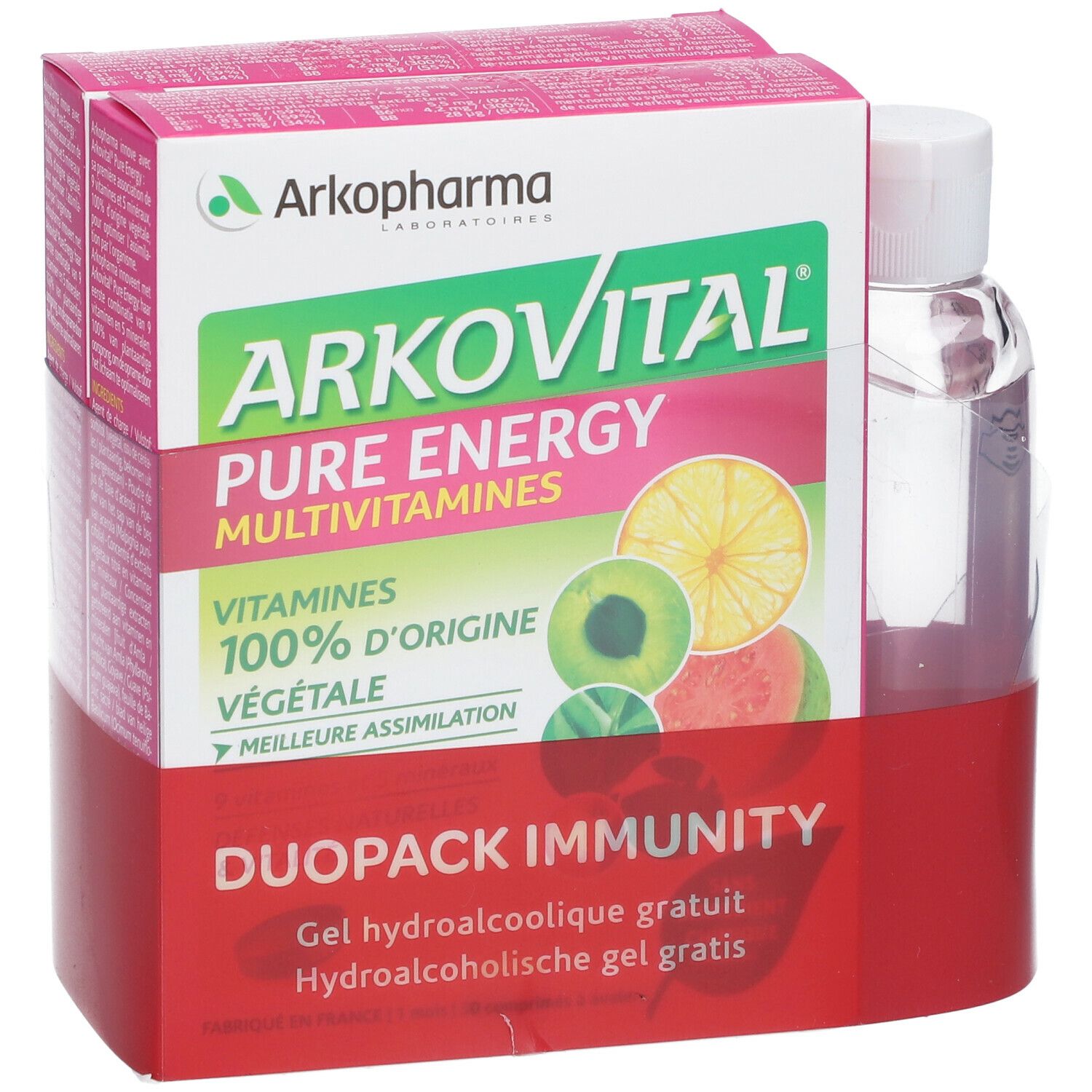 Arkovital Pure Energy Multivitamine-pack. Bevat een fles en twee dozen met productinformatie. Opschrift: Duopack Immunity.