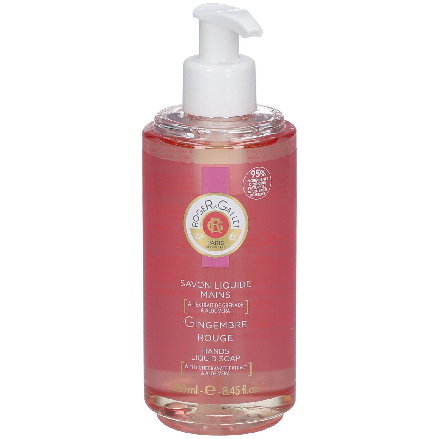 Savon liquide avec pompe. Liquide rose, pompe blanche. Texte: Gingembre Rouge, Savon Liquide Mains.