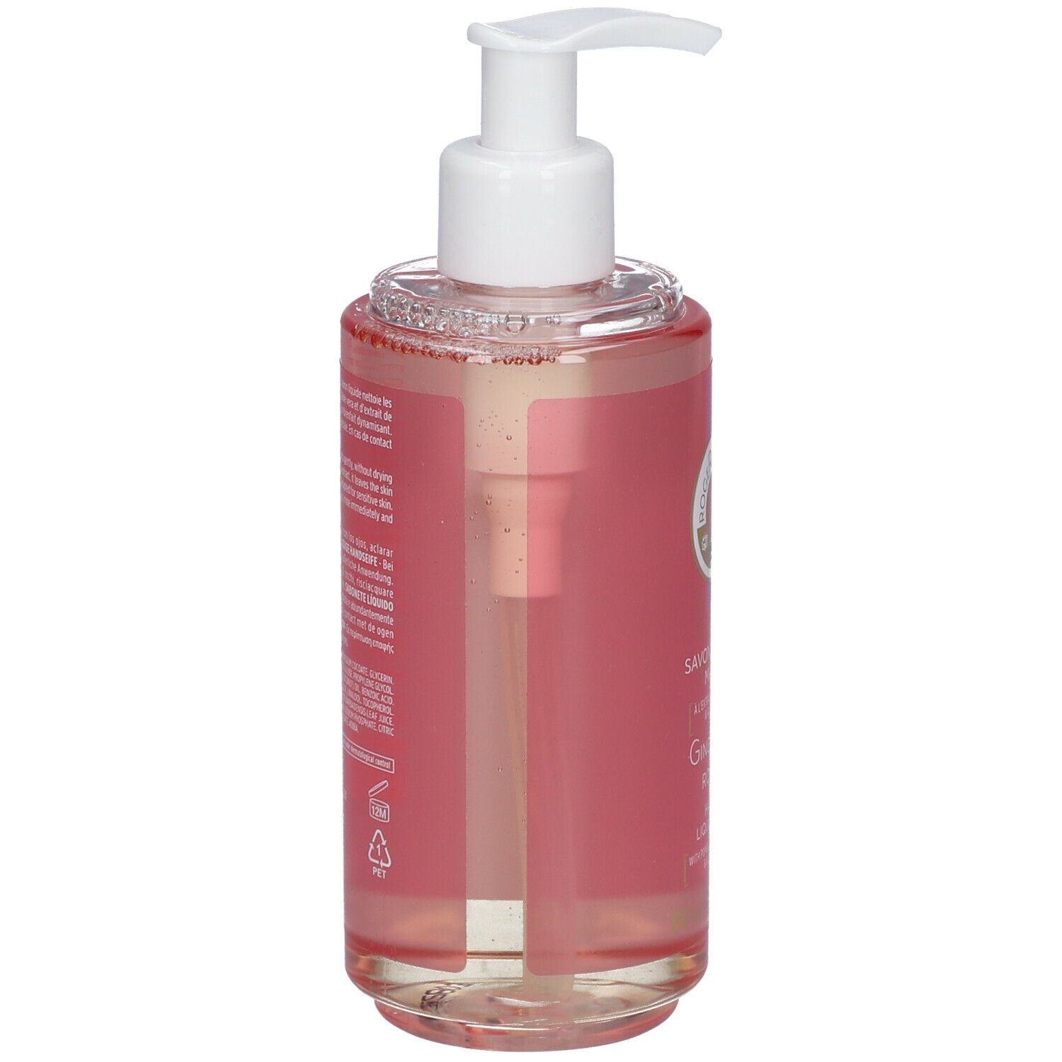 Vue arrière du savon liquide. Liquide rose, pompe blanche. Texte sur l'étiquette.