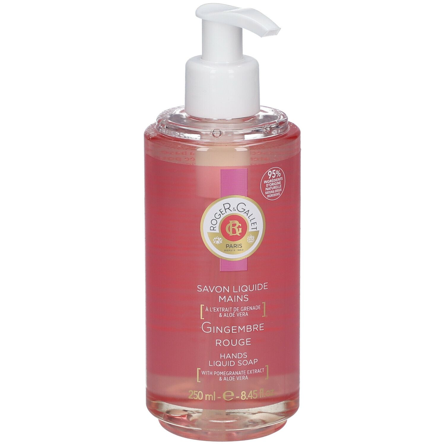 Savon liquide avec pompe. Liquide rose, pompe blanche. Texte: Gingembre Rouge, Savon Liquide Mains.