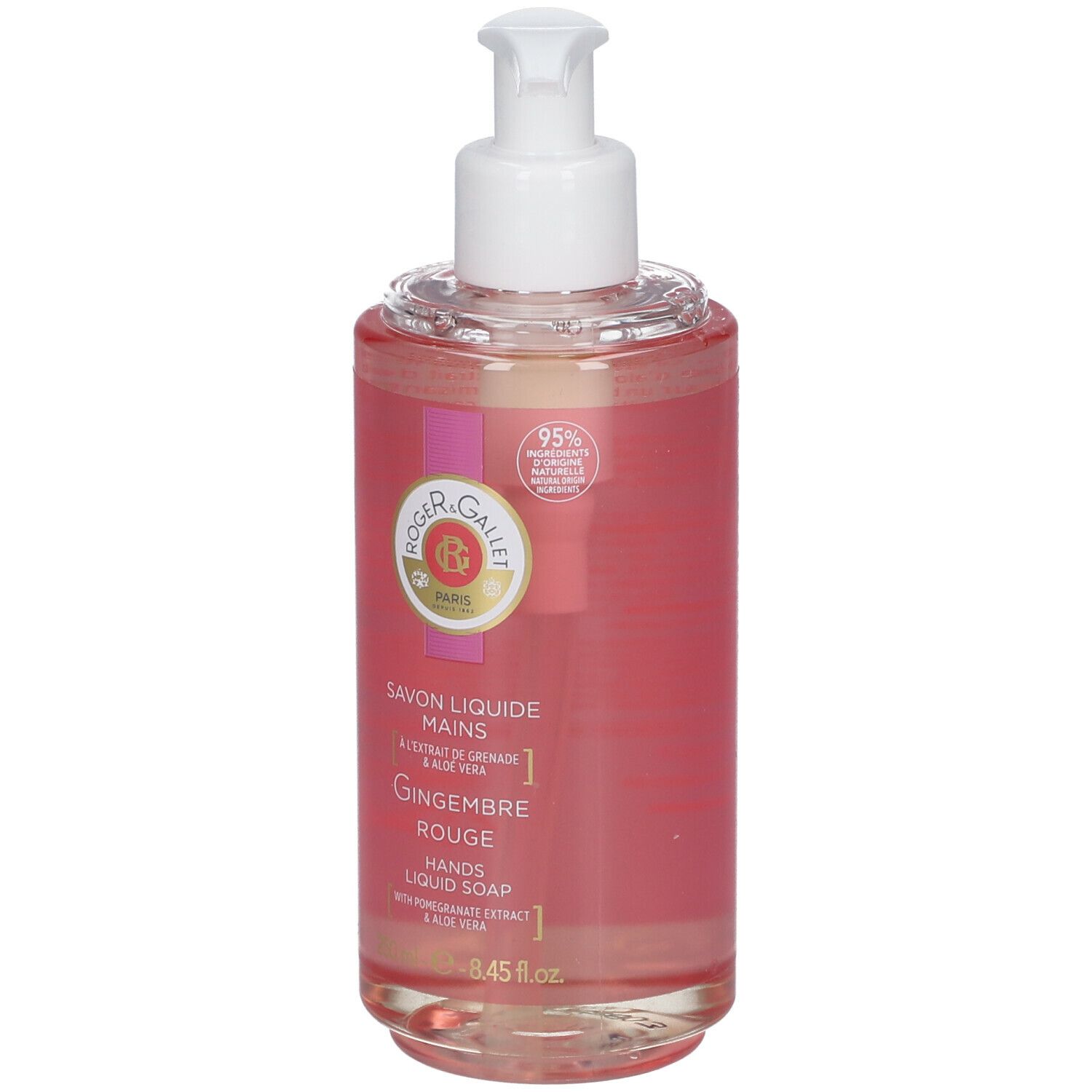 Savon liquide avec pompe. Liquide rose, pompe blanche. Texte: Gingembre Rouge, Savon Liquide Mains.