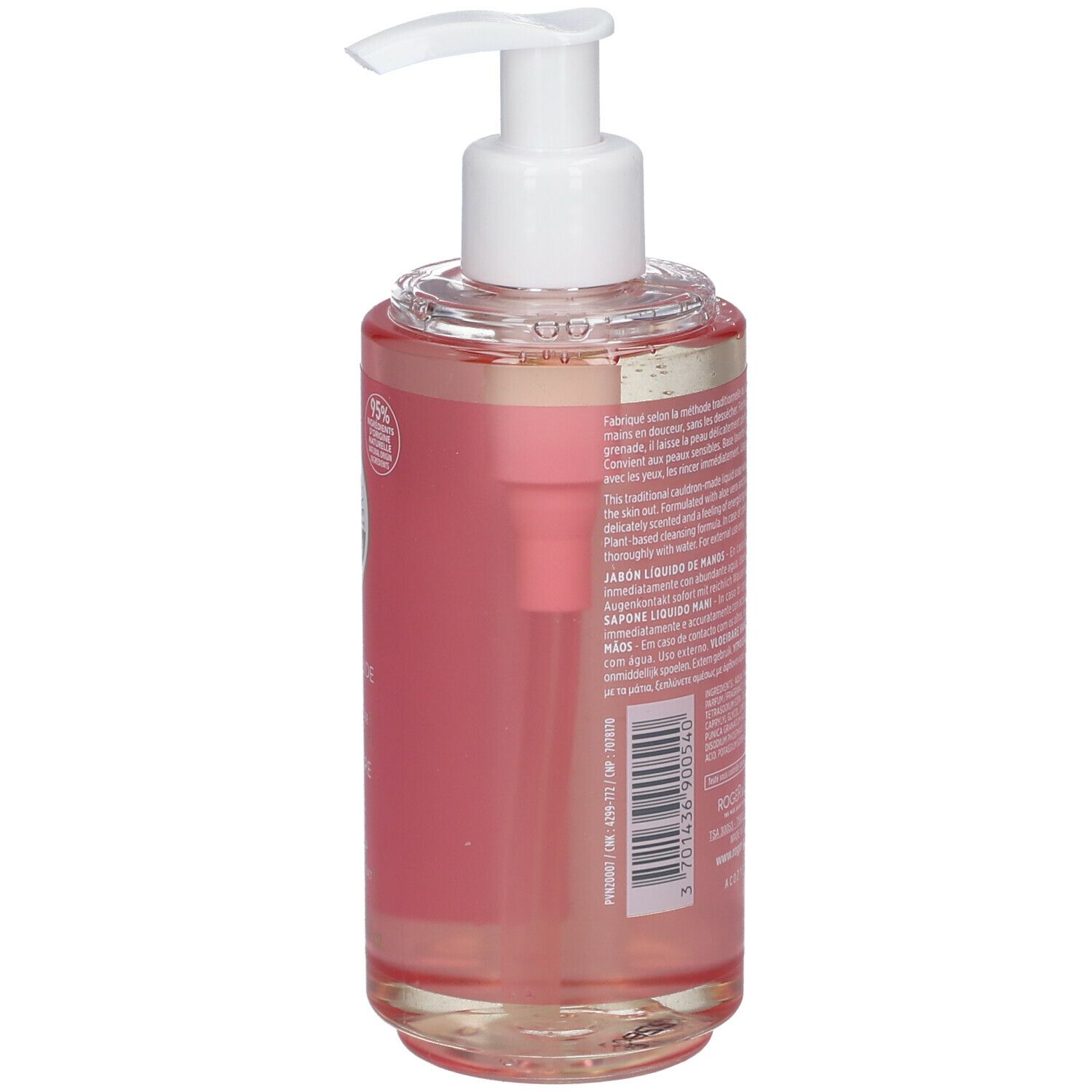 Vue arrière du savon liquide. Liquide rose, pompe blanche. Texte sur l'étiquette.
