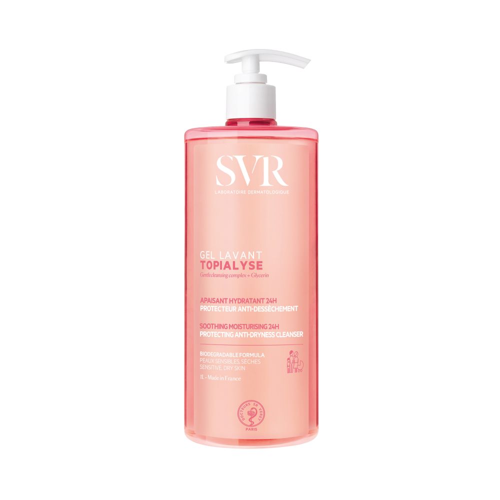 Flacon transparent avec liquide rose et pompe blanche. Inscription : SVR, Gel Lavant Topialyse. Face avant.
