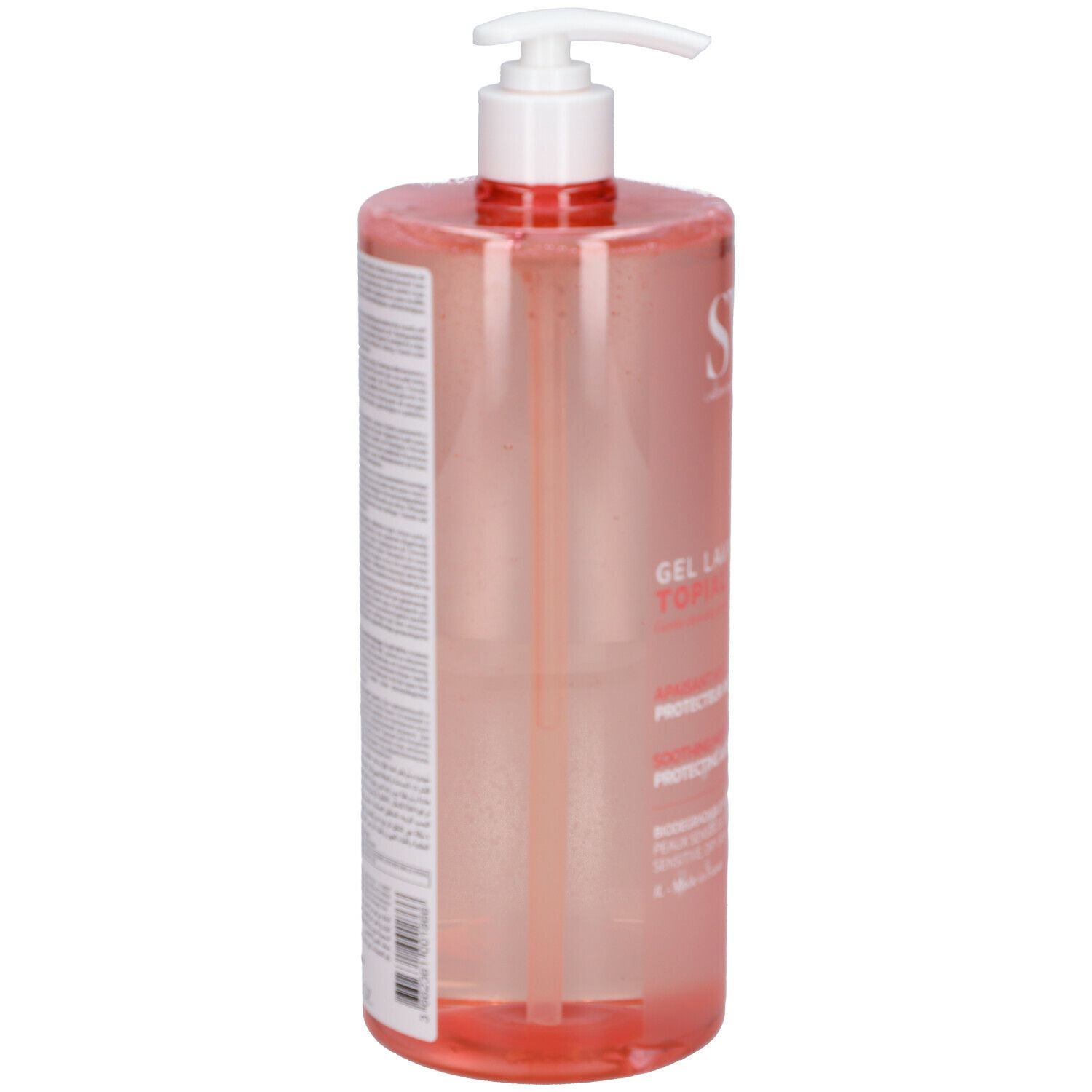 Flacon transparent avec liquide rose et pompe blanche. Inscription : SVR, Gel Lavant Topialyse. Dos avec texte.