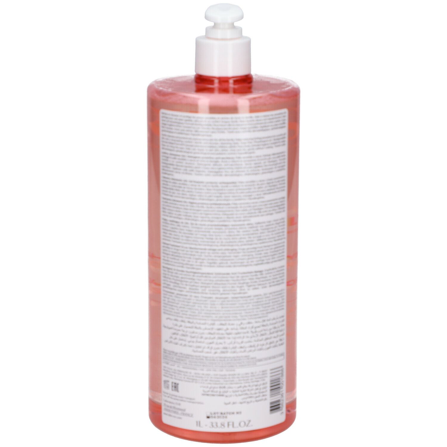Flacon transparent avec liquide rose et pompe blanche. Texte au dos. Inscription : SVR, Gel Lavant Topialyse.