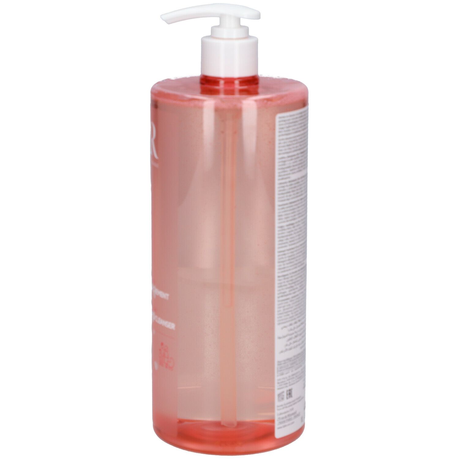 Flacon transparent avec liquide rose et pompe blanche. Inscription : SVR, Gel Lavant Topialyse. Dos avec texte.