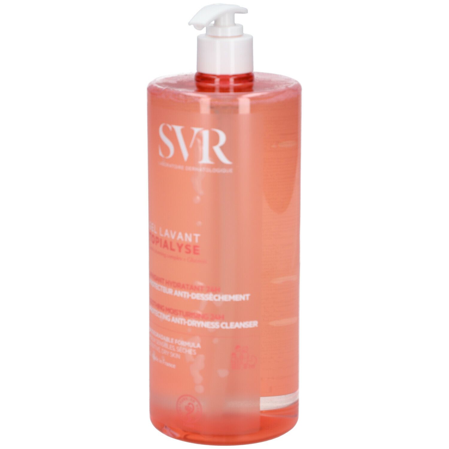 Flacon transparent avec liquide rose et pompe blanche. Inscription : SVR, Gel Lavant Topialyse. Face avant.
