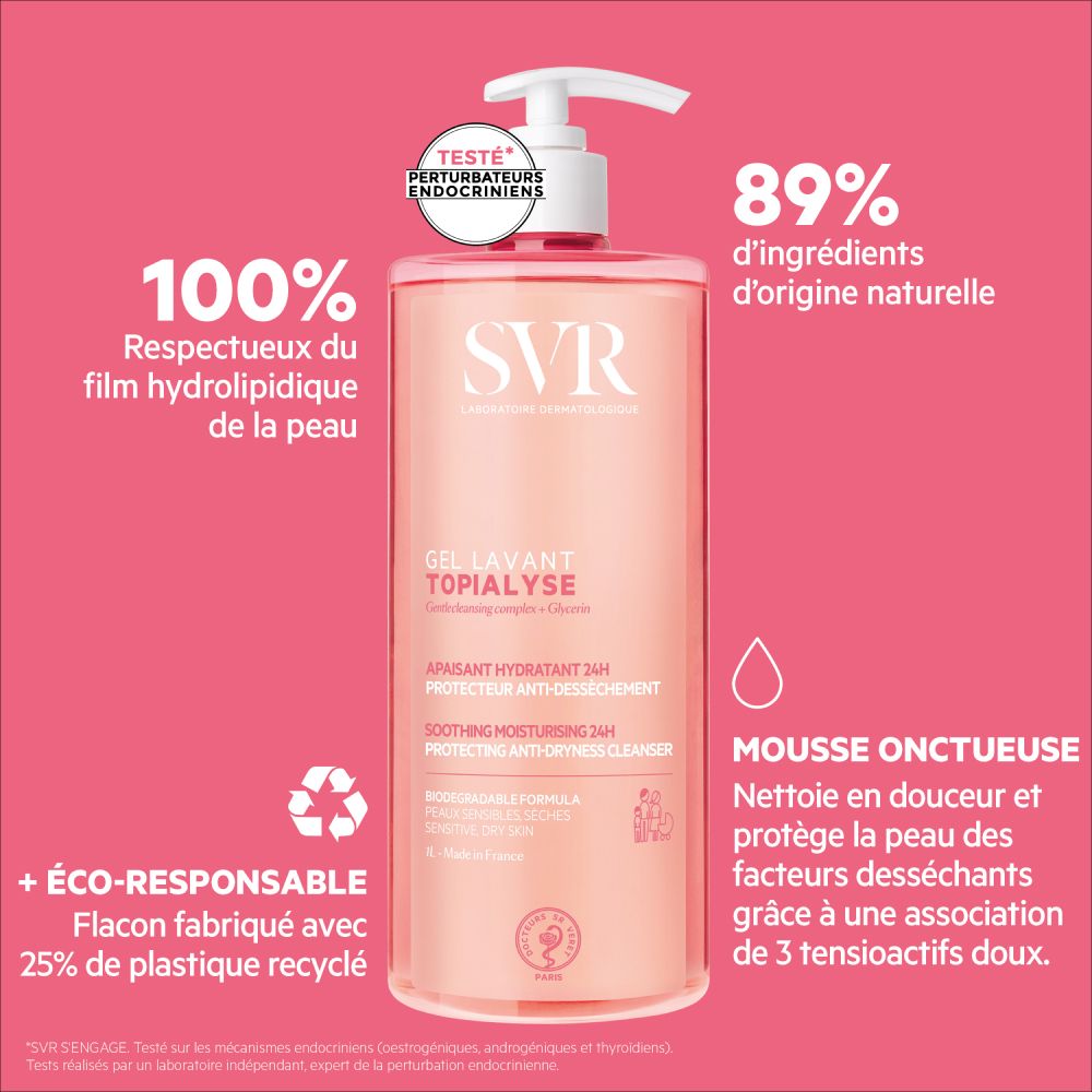Flacon rose avec pompe blanche. Inscription : SVR, Gel Lavant Topialyse. Texte et graphiques sur fond rose.