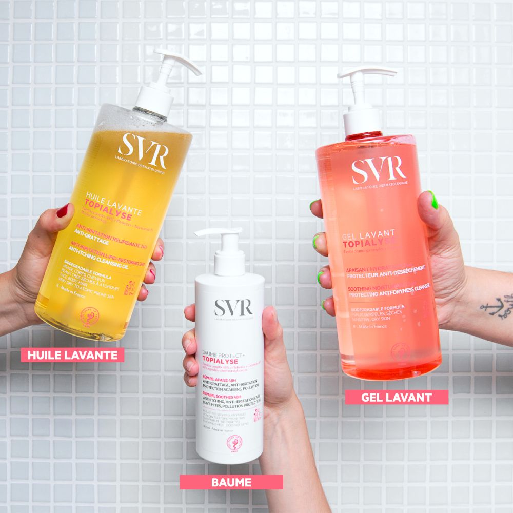 Trois flacons, un jaune, un blanc, un rose. Inscription : SVR, Huile Lavante, Baume, Gel Lavant Topialyse.