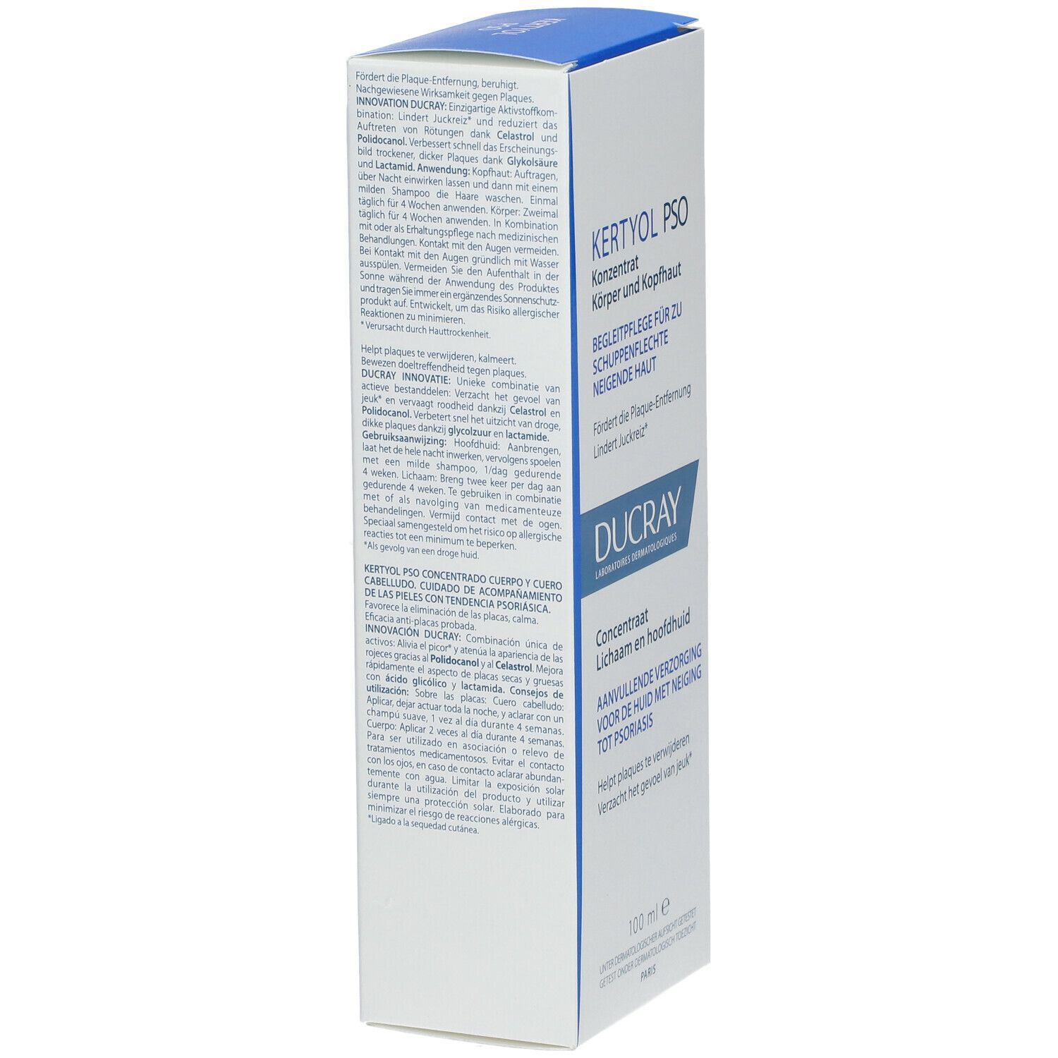 Emballage produit avec texte. Texte: Kertyol PSO, Ducray. Allemand et néerlandais. 100 ml.