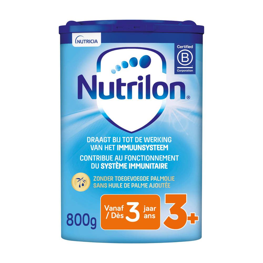 Nutrilon 3+ bus van 800g. Vanaf 3 jaar. Blauwe bus met logo en tekst. Zonder palmolie.