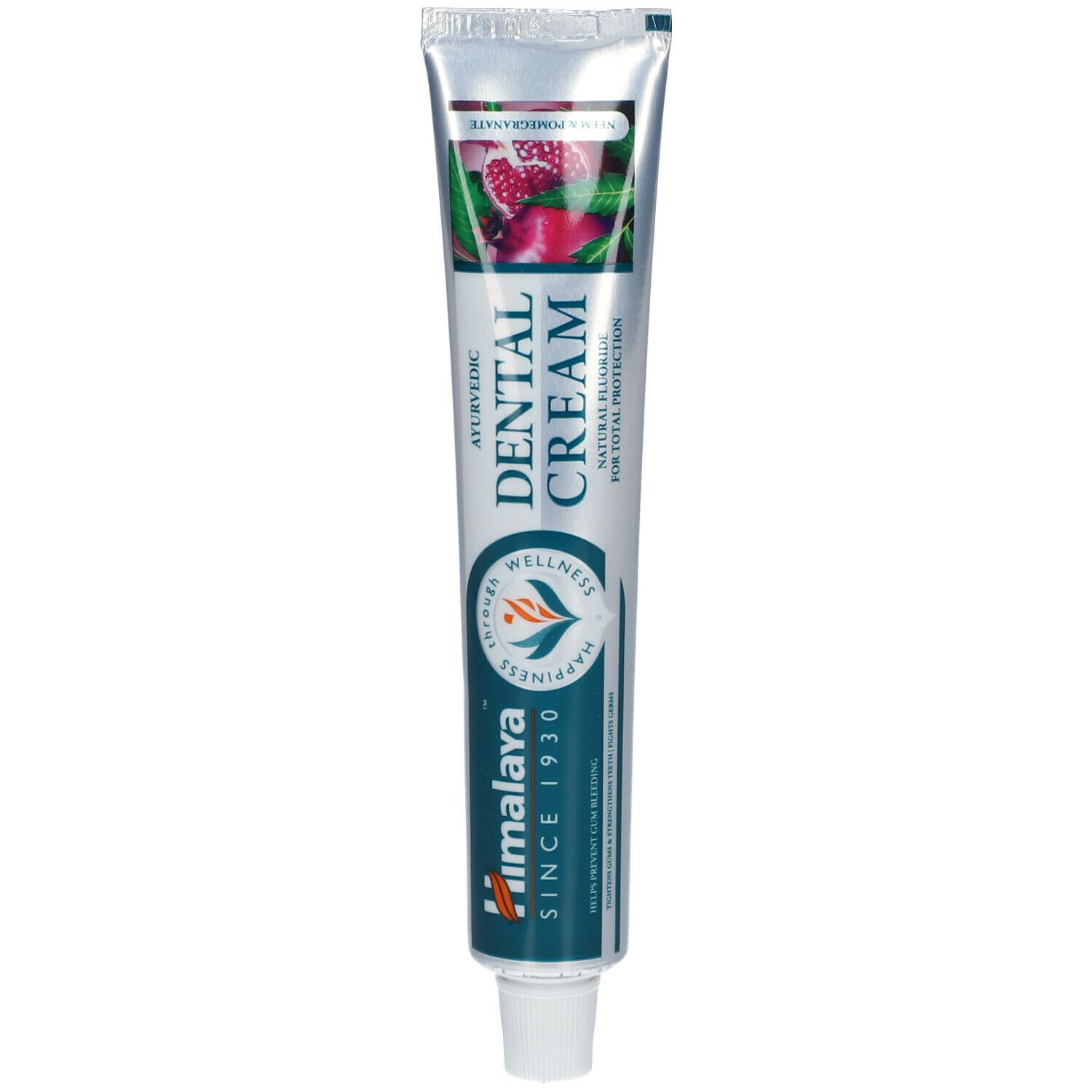 Zahnpasta-Tube, silberfarben, mit Aufdruck. Oben: Abbildung von Granatapfel und Minze. Text: Dental Cream, Himalaya.