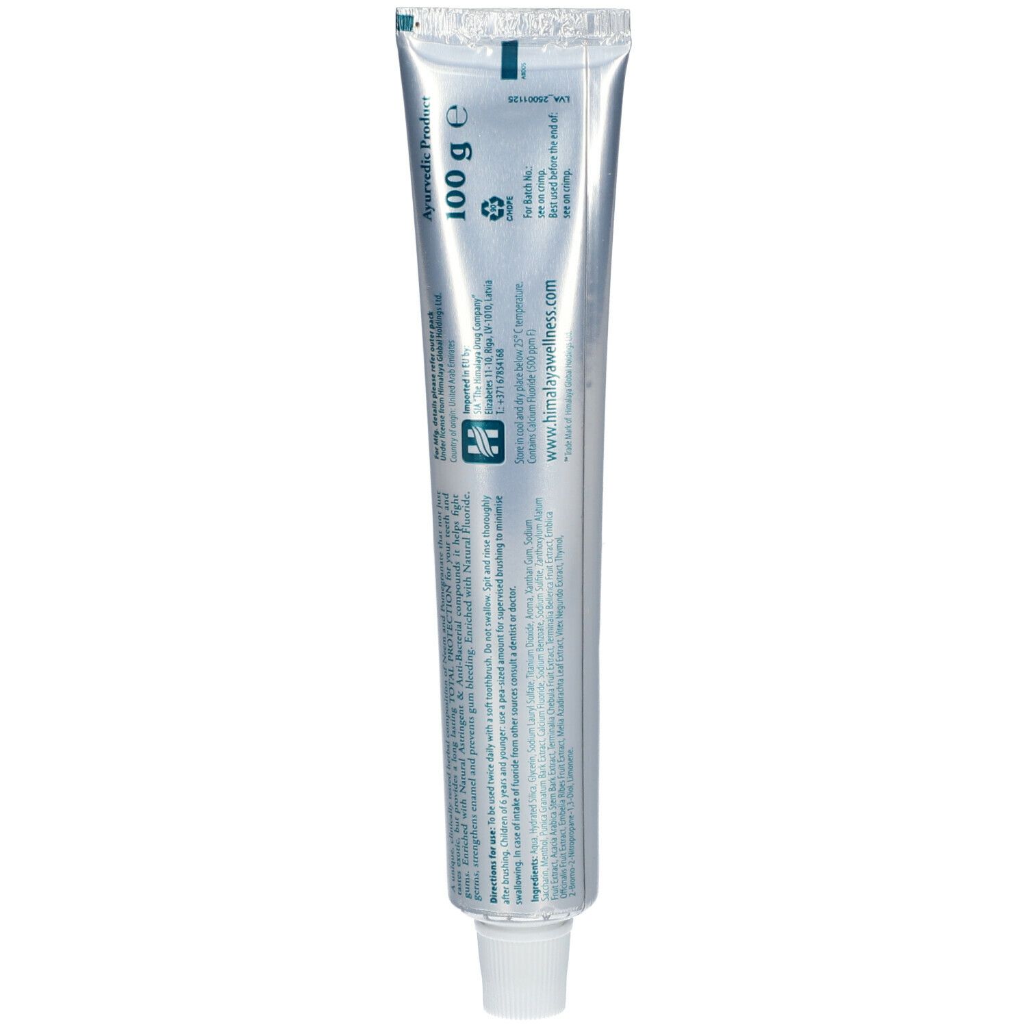 Rückseite der Zahnpasta-Tube. Silberfarben mit Text und Logos. Oben: 100 g. Text: www.himalayawellness.com.
