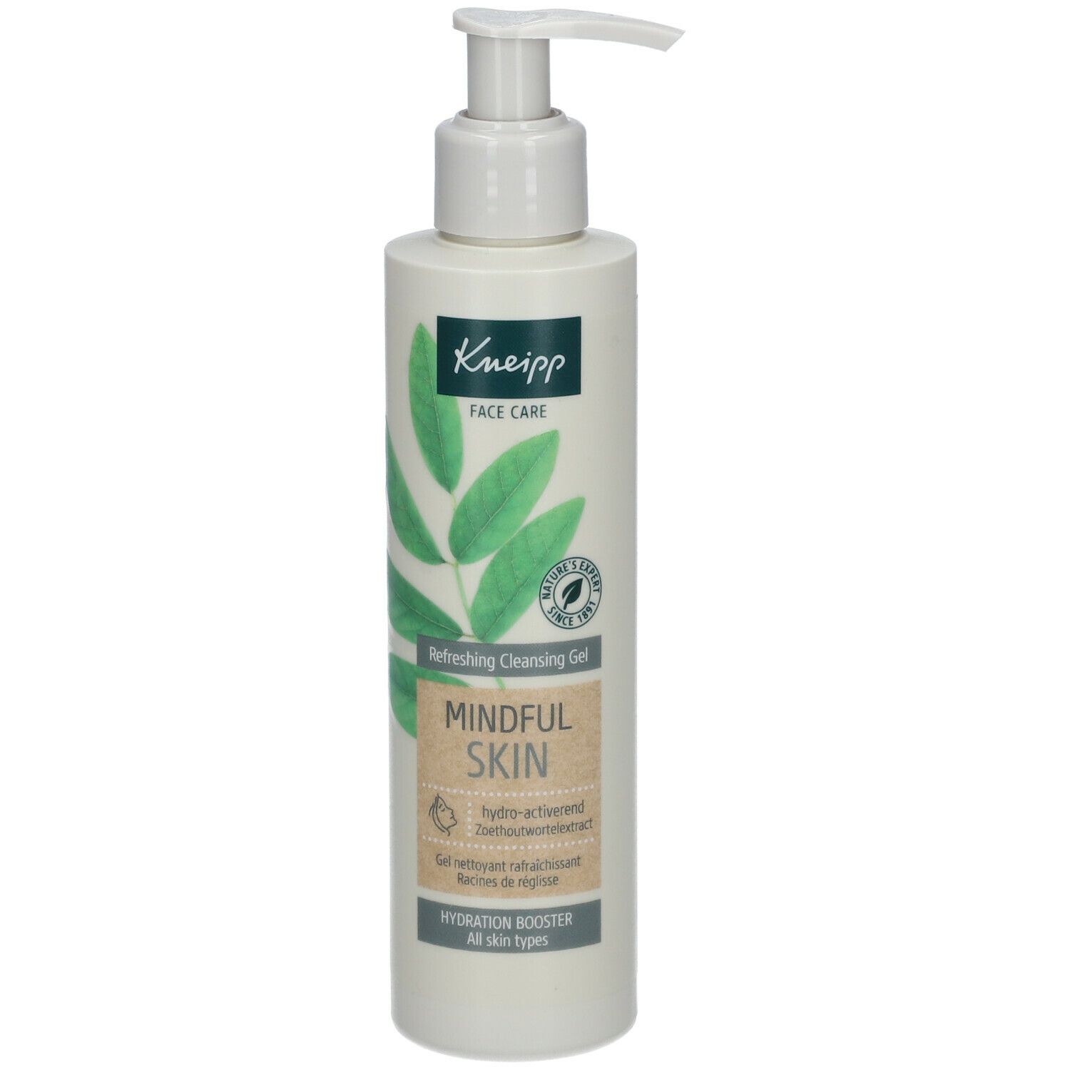 Beige fles met pomp. Opschrift Kneipp, Face Care, Mindful Skin. Groene en witte bladeren. Hydration Booster. Alle huidtypen.