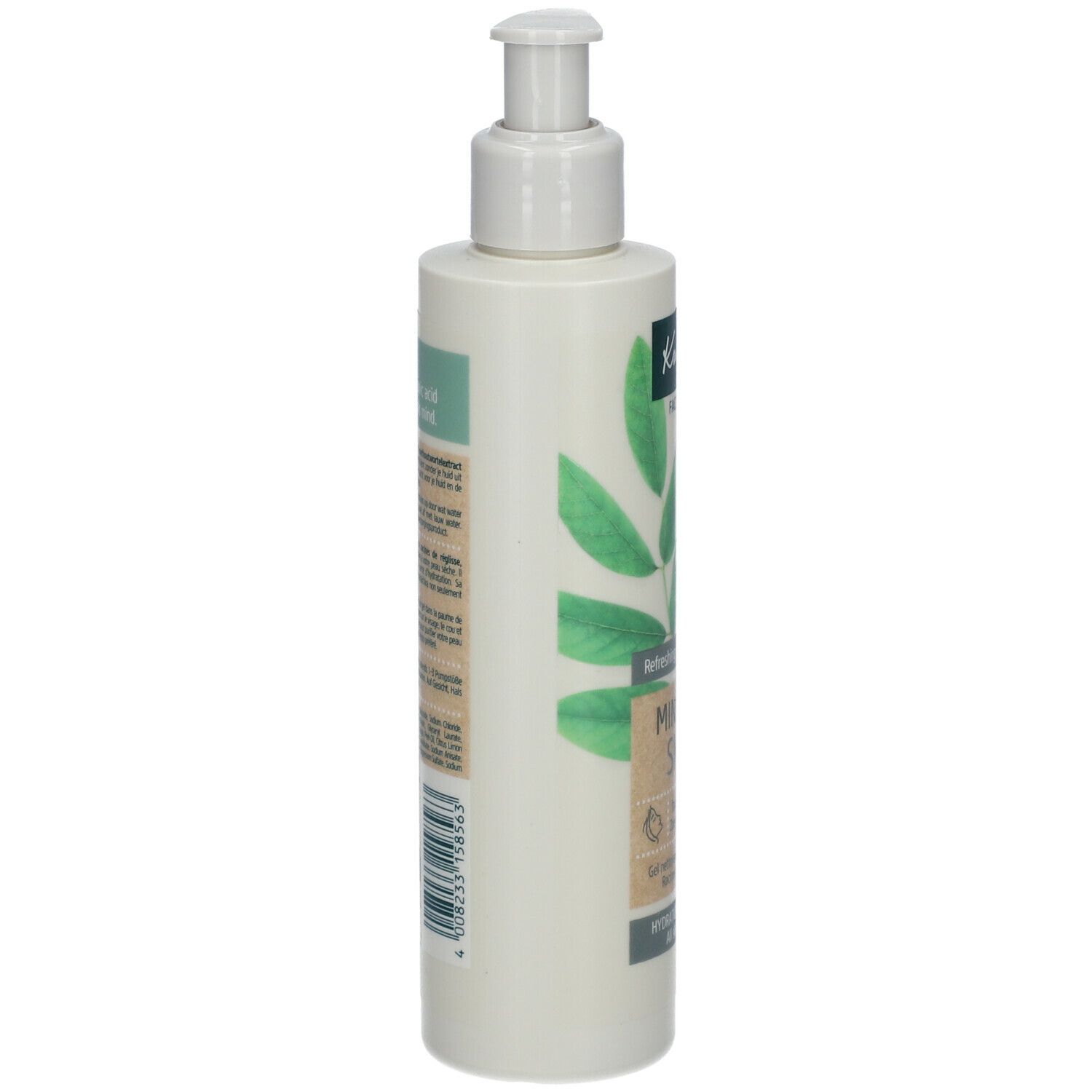 Beige fles met pomp. Opschrift Kneipp, Face Care. Groene en witte bladeren. Tekst op de zijkant. Streepjescode.
